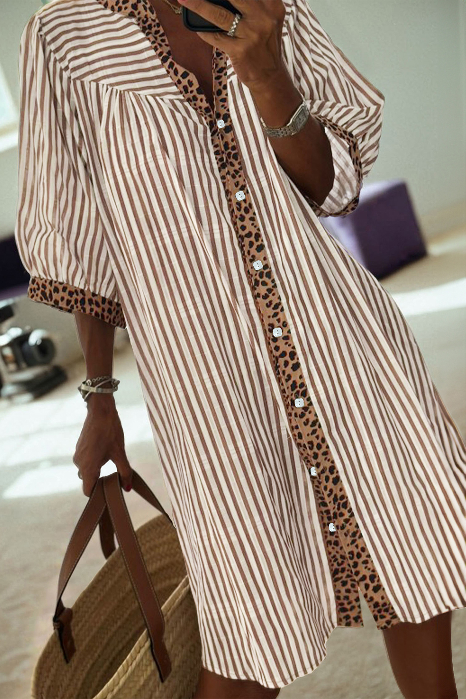 Khaki Stripe Square Button Leopard Trim Loose Bracelet Sleeve Shirt Dress - loveforevers
