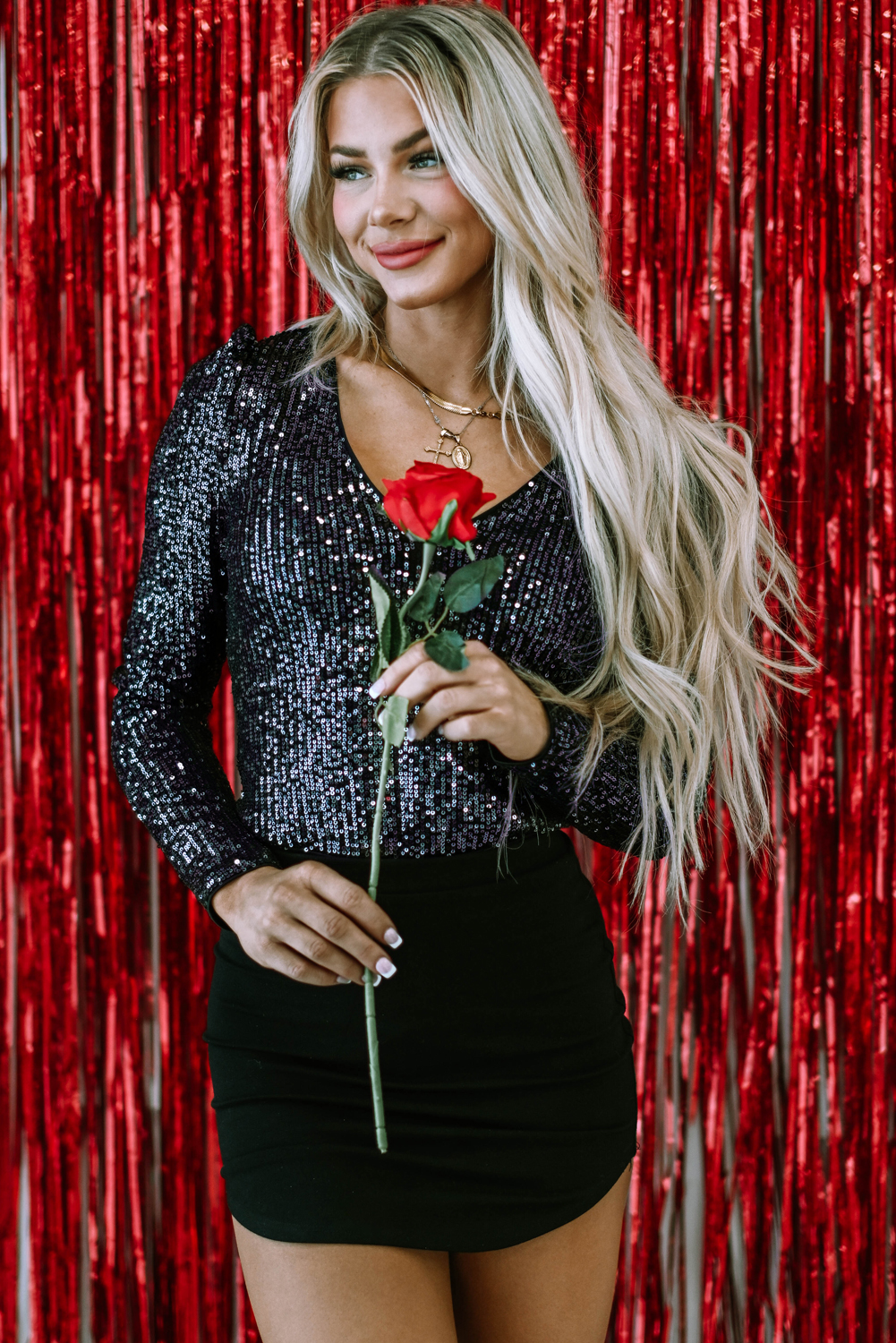 Black Sequin V Neck Zipped Long Sleeve Bodysuit - loveforevers
