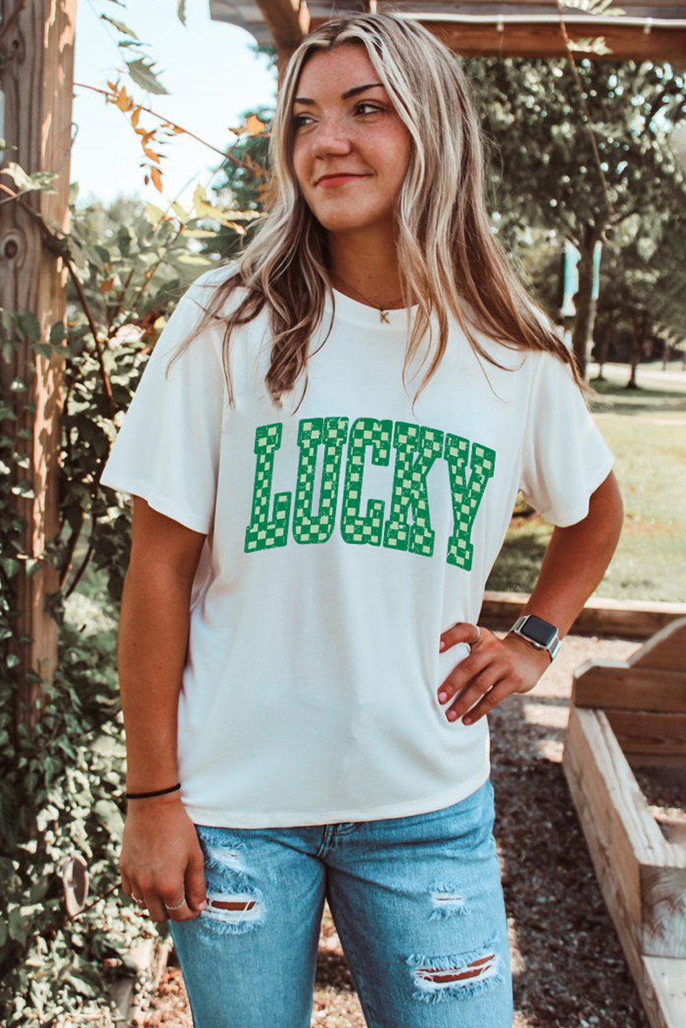 White Checkerboard LUCKY Graphic St Patrick Tee - loveforevers