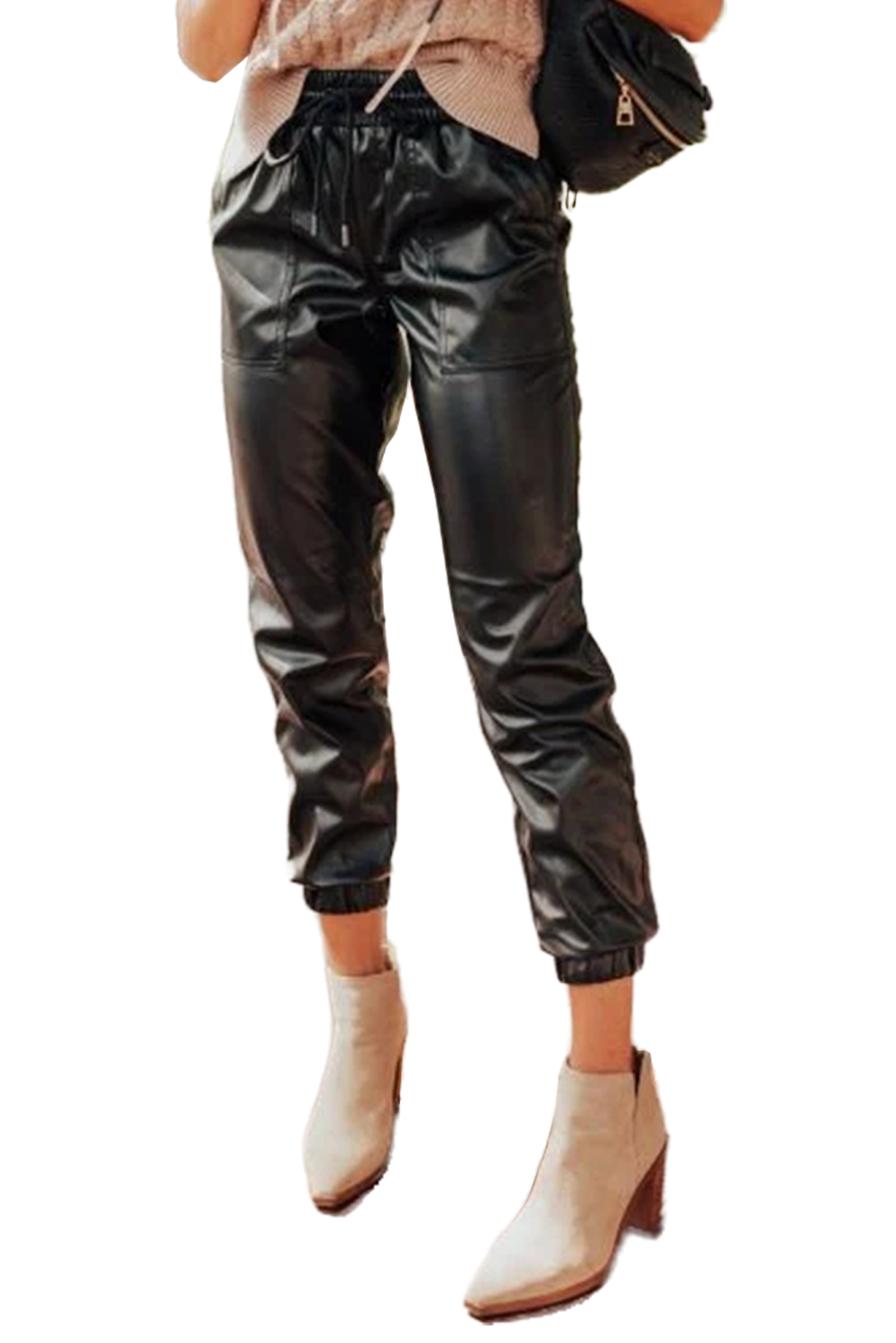 Black Faux Leather Ankle Smocked Waist Drawstring Joggers - loveforevers
