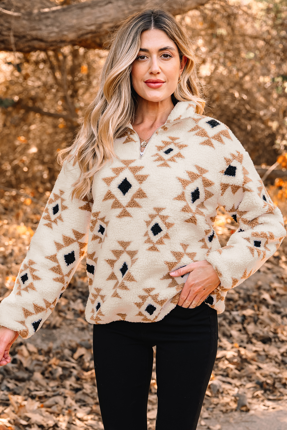 Khaki Aztec Print Sherpa Quarter Zip Collar Sweatshirt - loveforevers