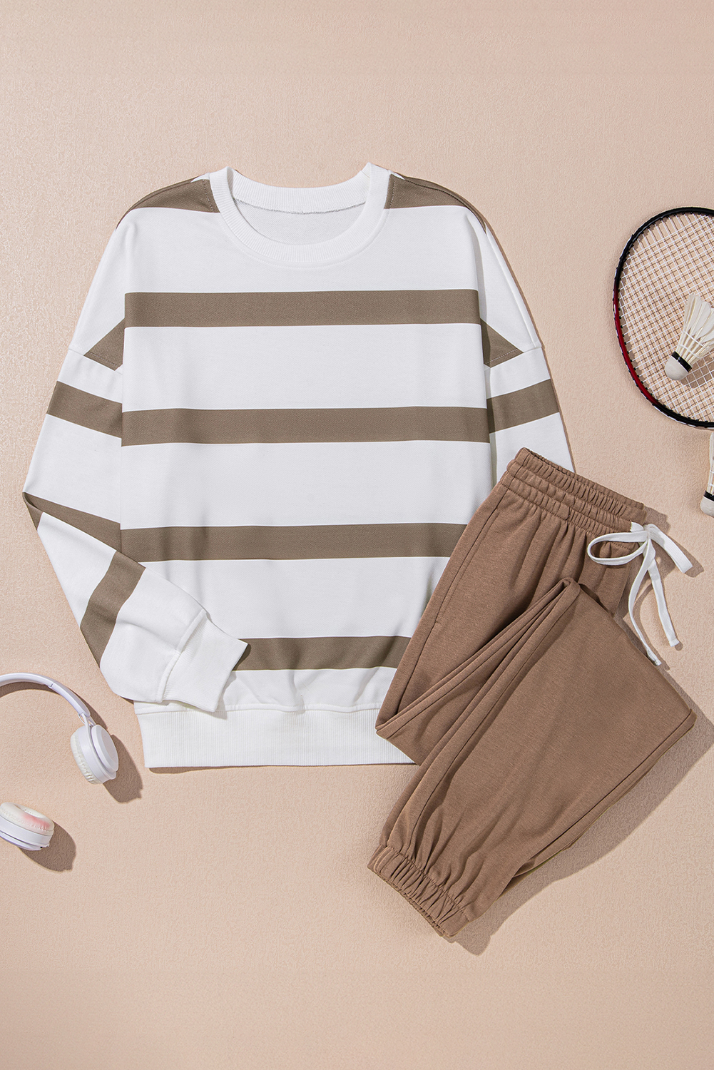 Brown Stripe Striped Drop Shoulder Pullover and Jogger Pants Set - loveforevers