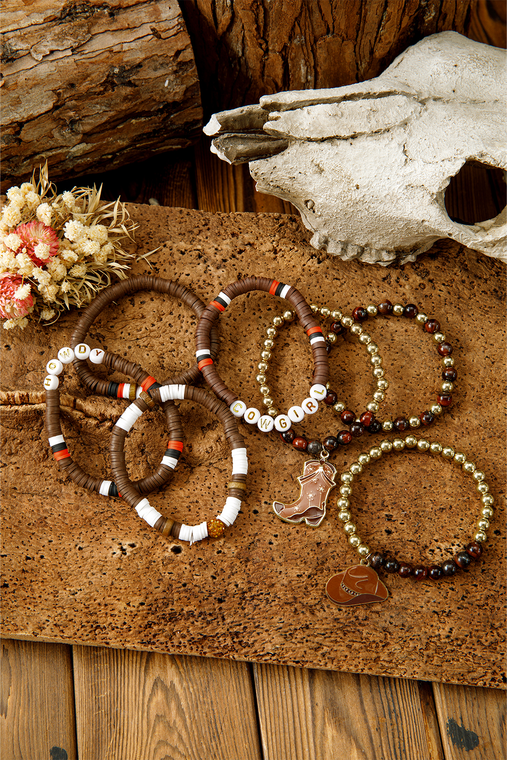 Coffee HOWDY COWGIRL Western Beaded 7pcs Stretch Bracelet Set - loveforevers