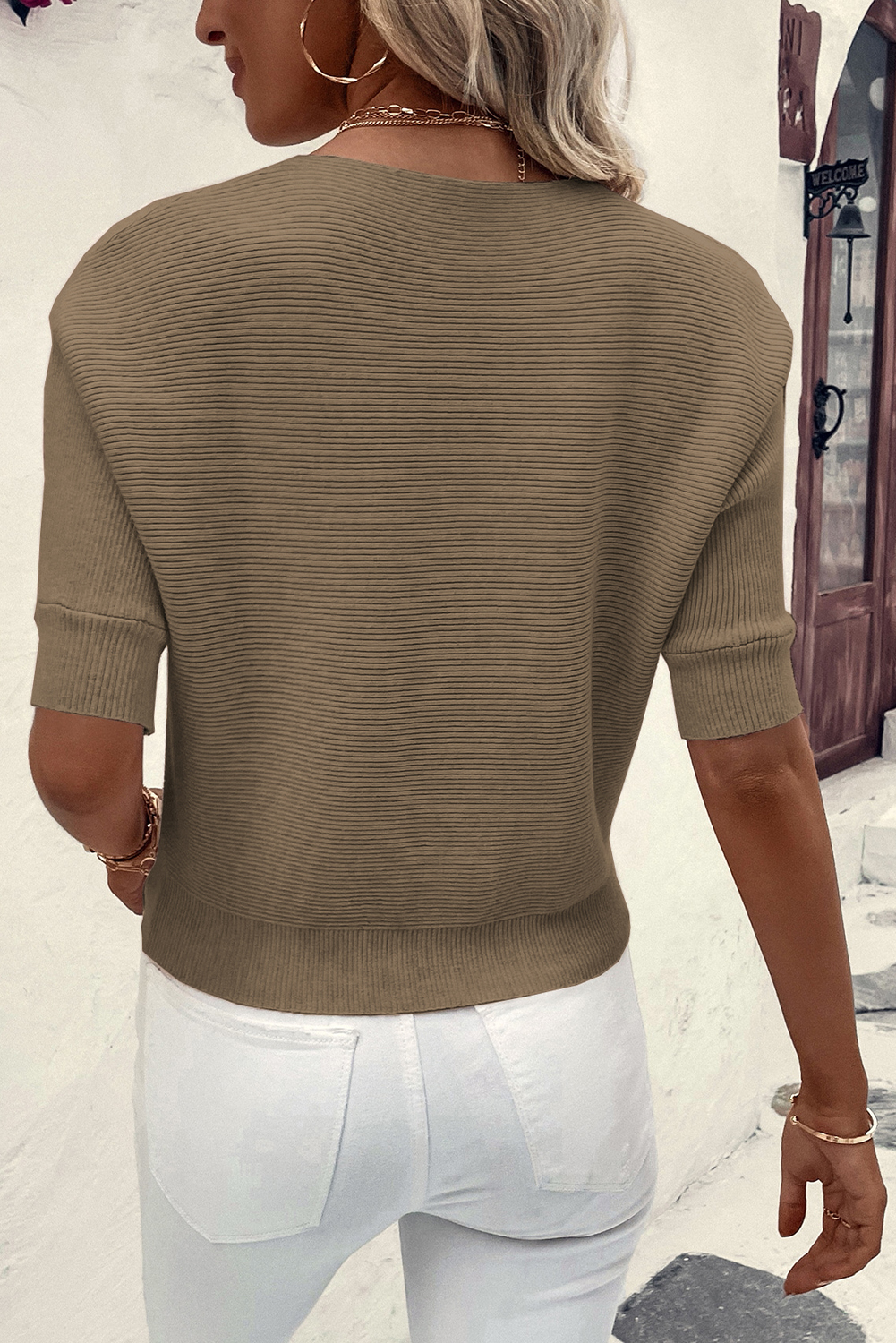 Coffee Round Neck Half Sleeve Ribbed Knit Top - loveforevers