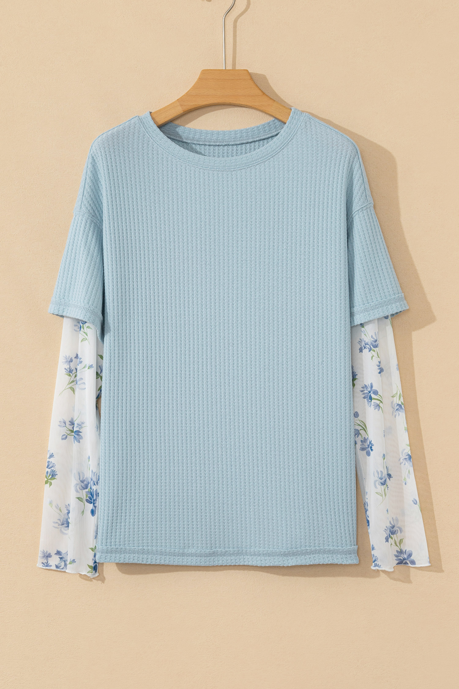 Beau Blue Floral Lace Sleeve Patchwork Waffle Fake Two-piece Top - loveforevers
