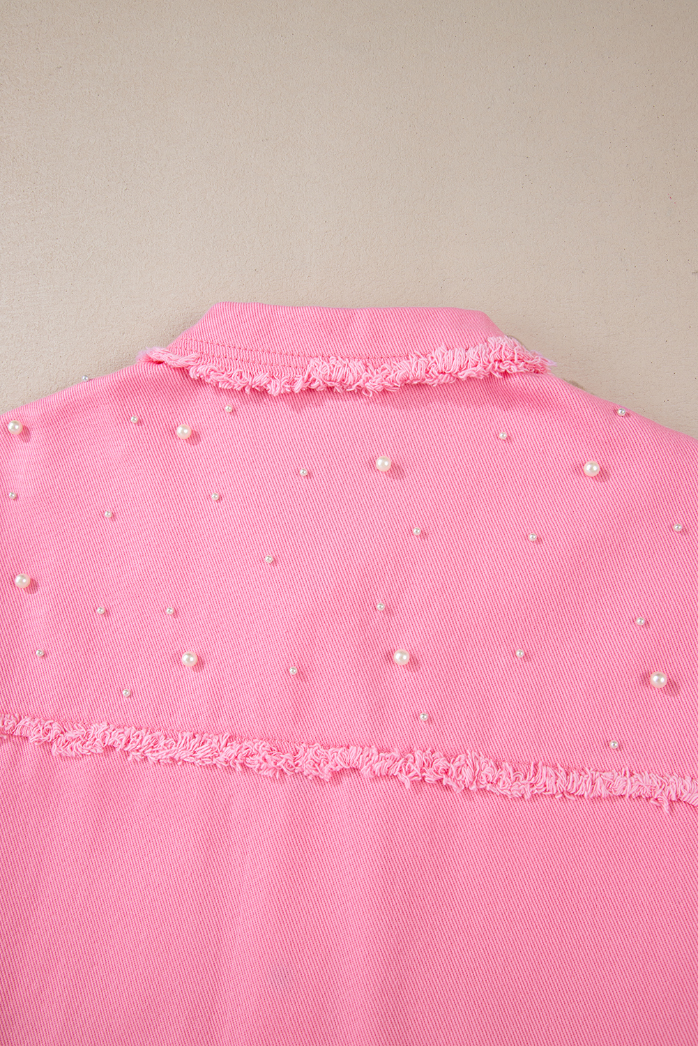 Bonbon Pearl Beaded Raw Hem Button Up Denim Jacket - loveforevers