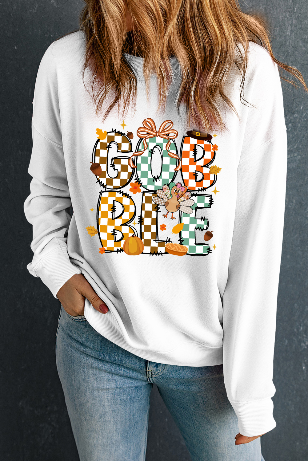 White GOBBLE Checkered Letter Print Thanksgiving Turkey Graphic Sweatshirt - loveforevers