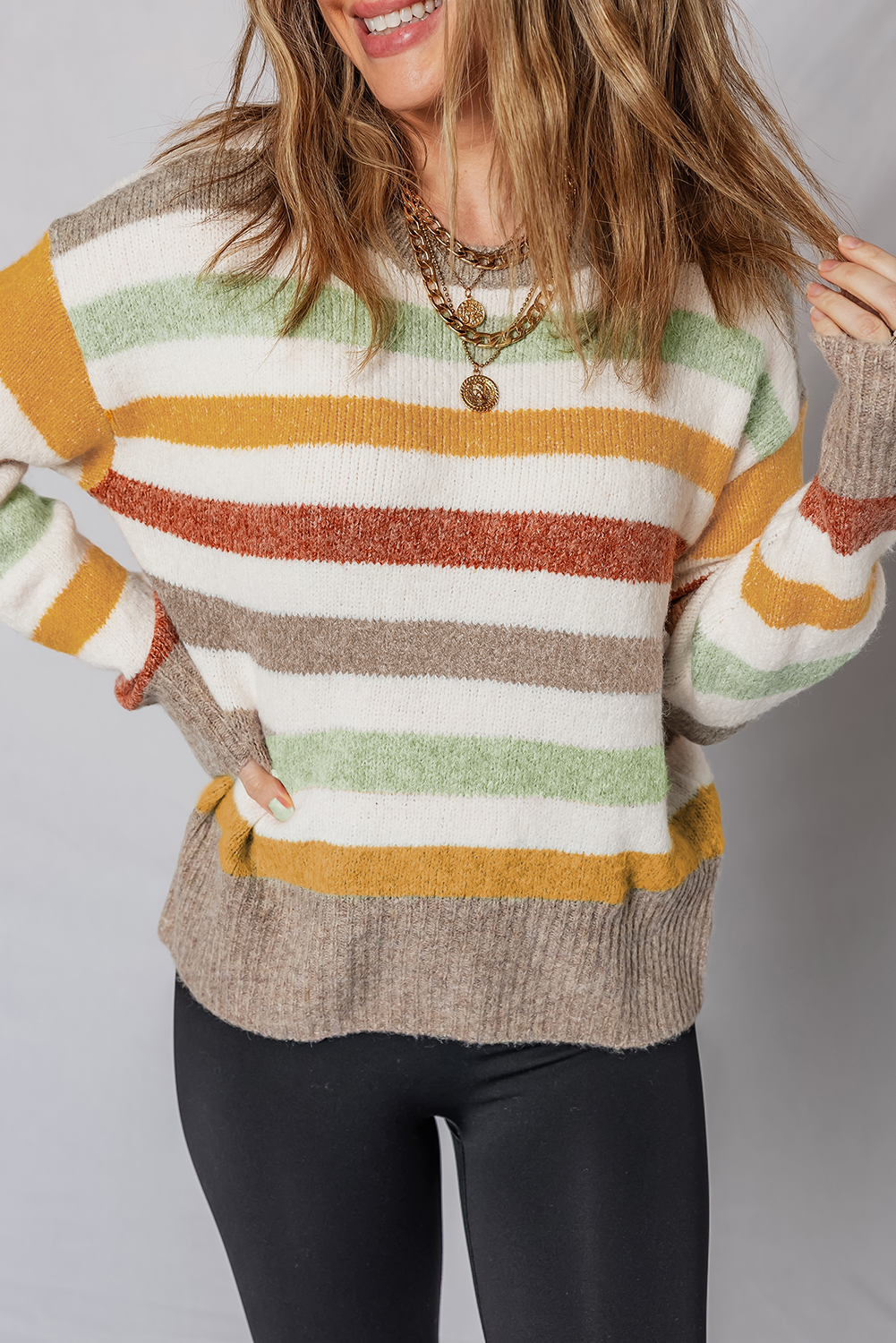Multicolour Stripe Drop Shoulder Crew Neck Sweater - loveforevers