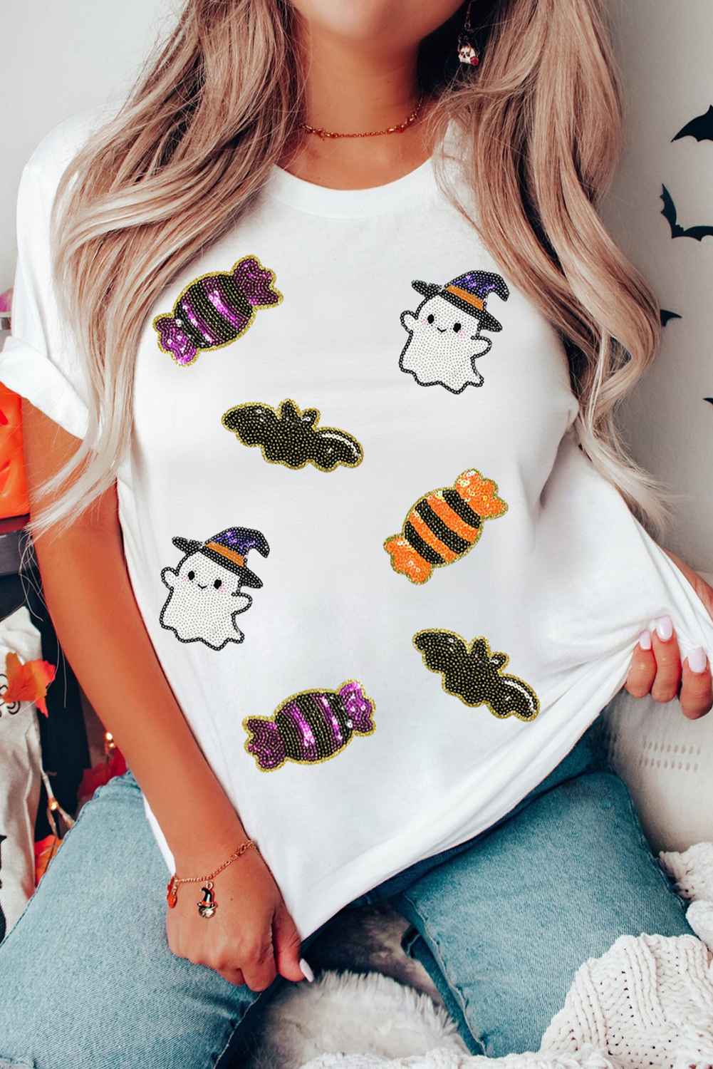 White Sequined Halloween Spirit Pattern Patched Custom Casual Tee - loveforevers