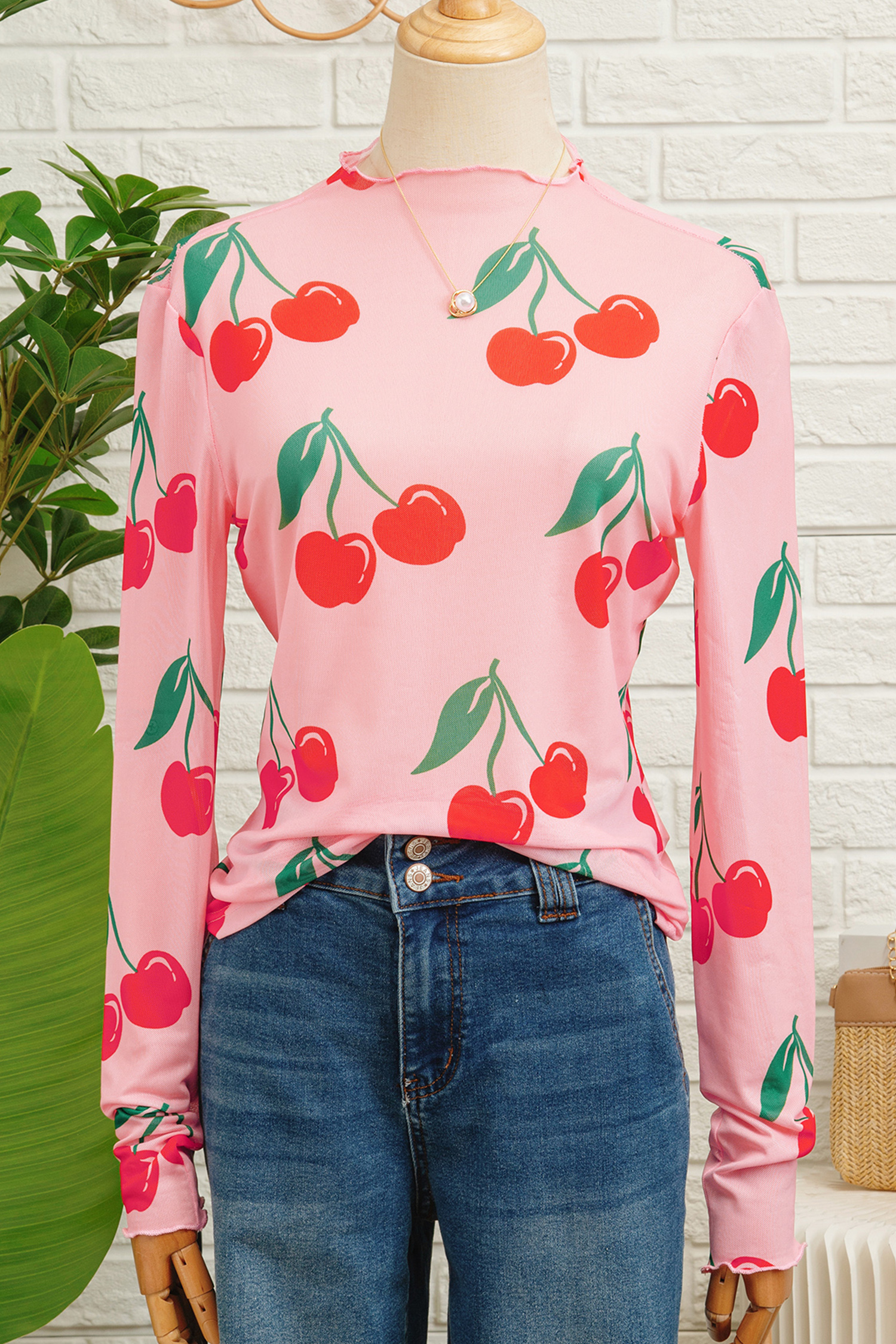 Pink Cherry Print Lettuce Trim Long Sleeve Mesh Top - loveforevers