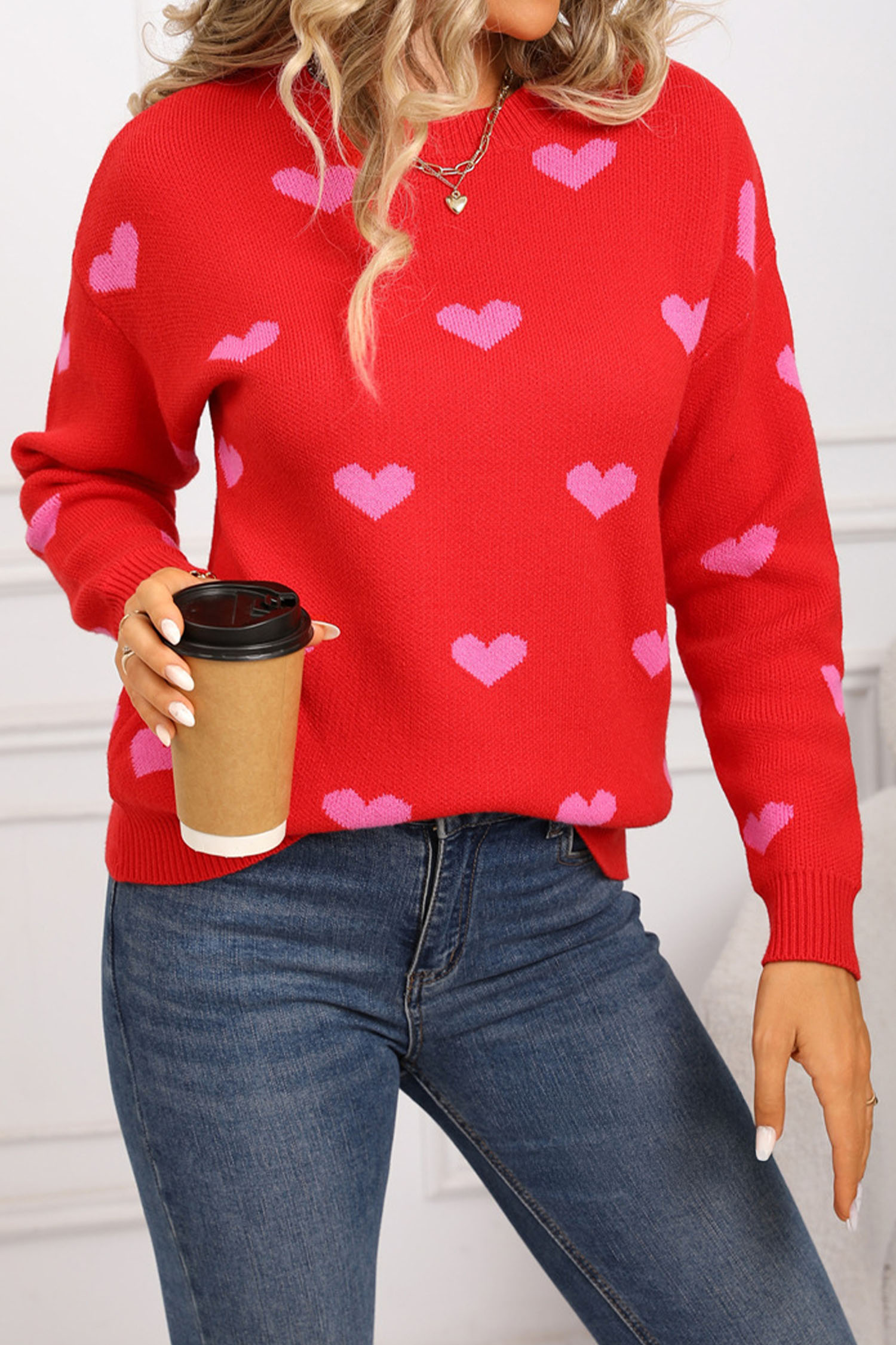 White Classic Round Neck Drop Shoulder Heart Print Sweater - loveforevers