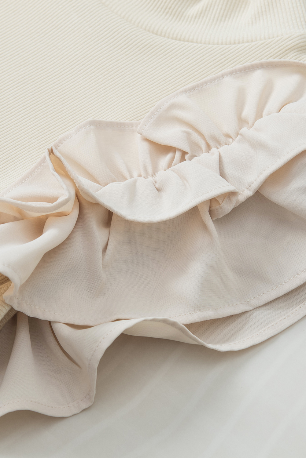 Beige Ruffle Flutter Sleeve High Neck Ribbed Blouse - loveforevers