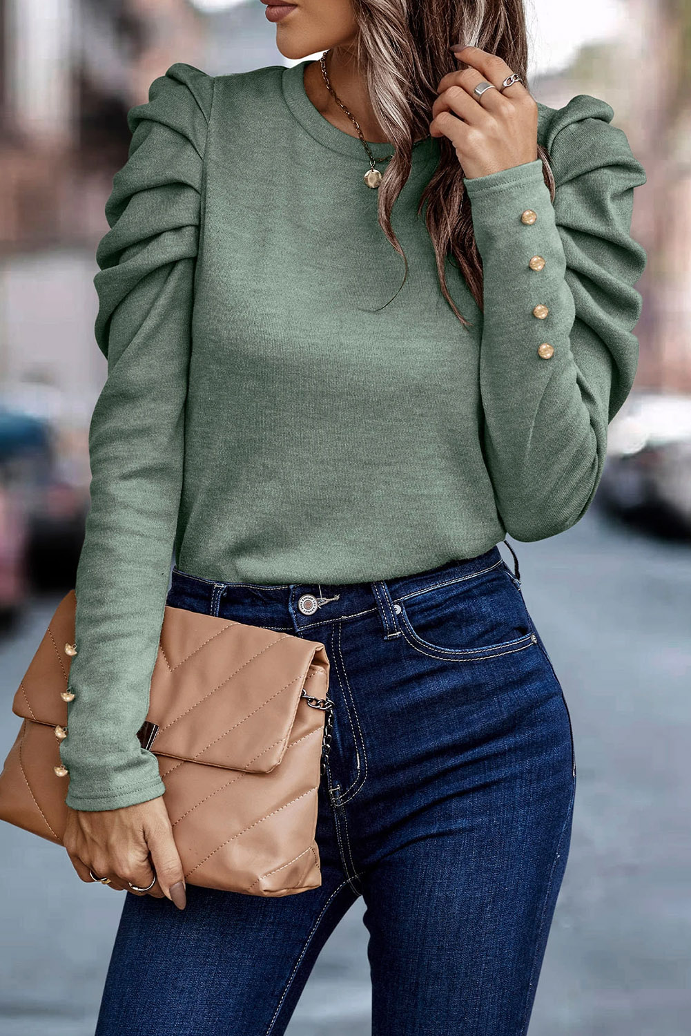 Green Buttoned Puff Long Sleeve Sheath Top - loveforevers