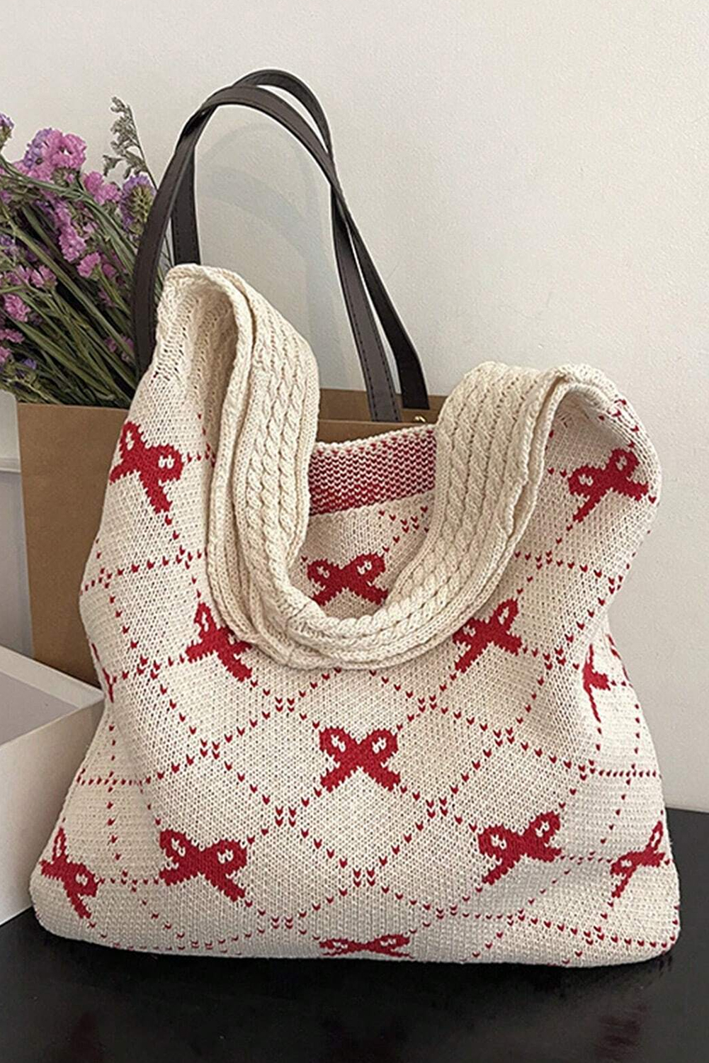 Fiery Red Bow Argyle Pattern Cable Knit Handle Tote Bag - loveforevers