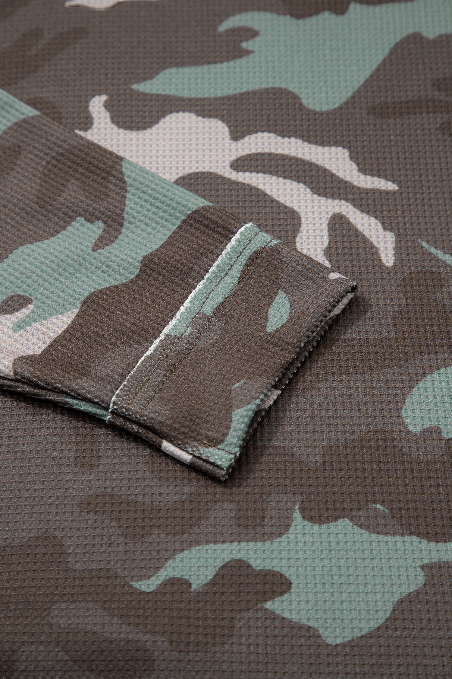 Green Camouflage Print Textured Drop Shoulder Long Sleeve Top - loveforevers