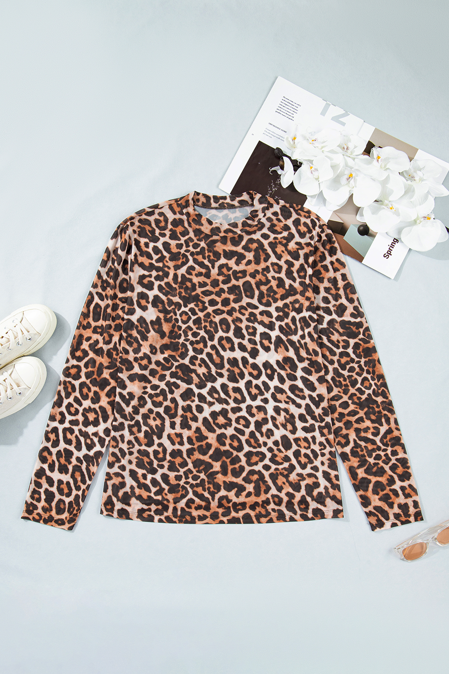 Brown Leopard Mock Neck Long Sleeve Mesh Top - loveforevers