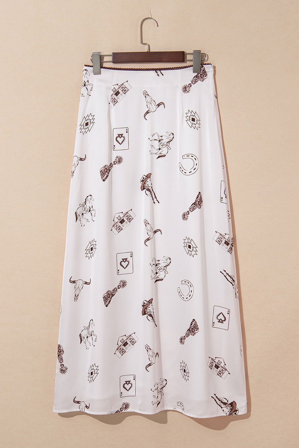 Beige Western Print Satin Long Skirt - loveforevers