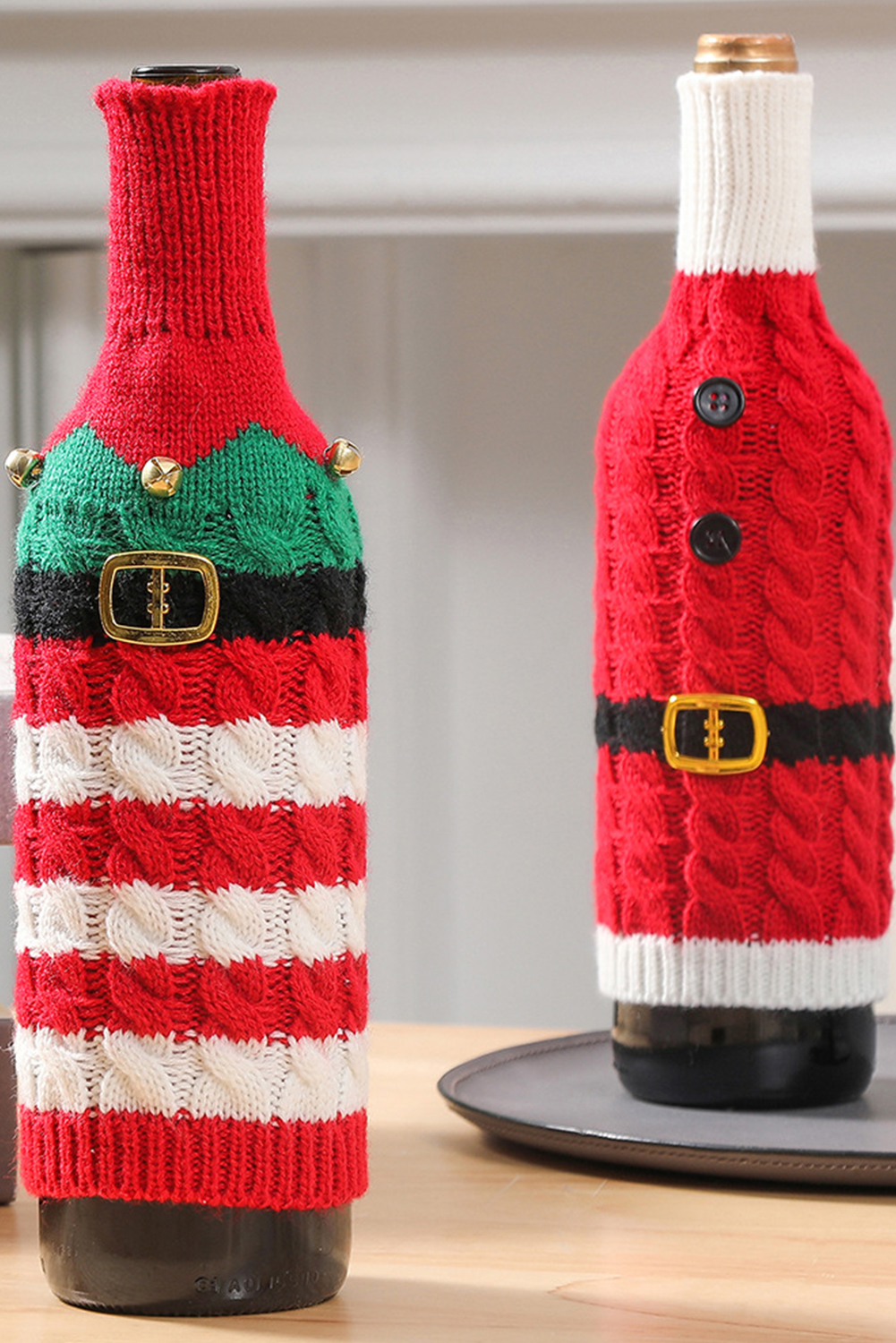 Racing Red Christmas Stripes Knitted Jingle Bell Wine Bottle Sleeve - loveforevers