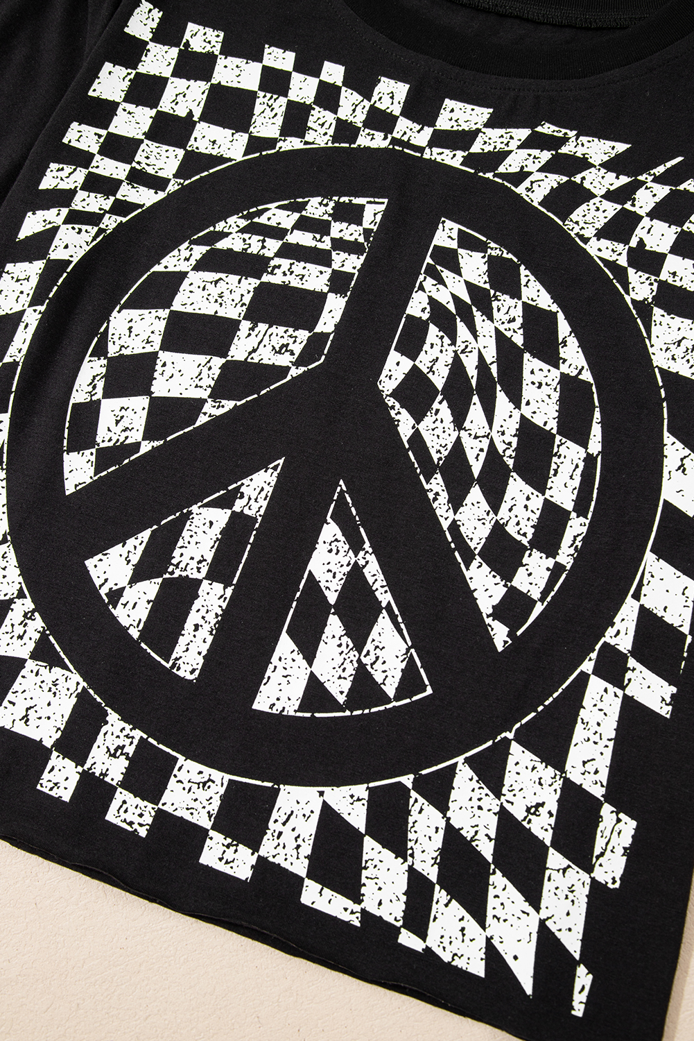 Black Checkerboard Peace Sign Printed Round Neck T Shirt - loveforevers