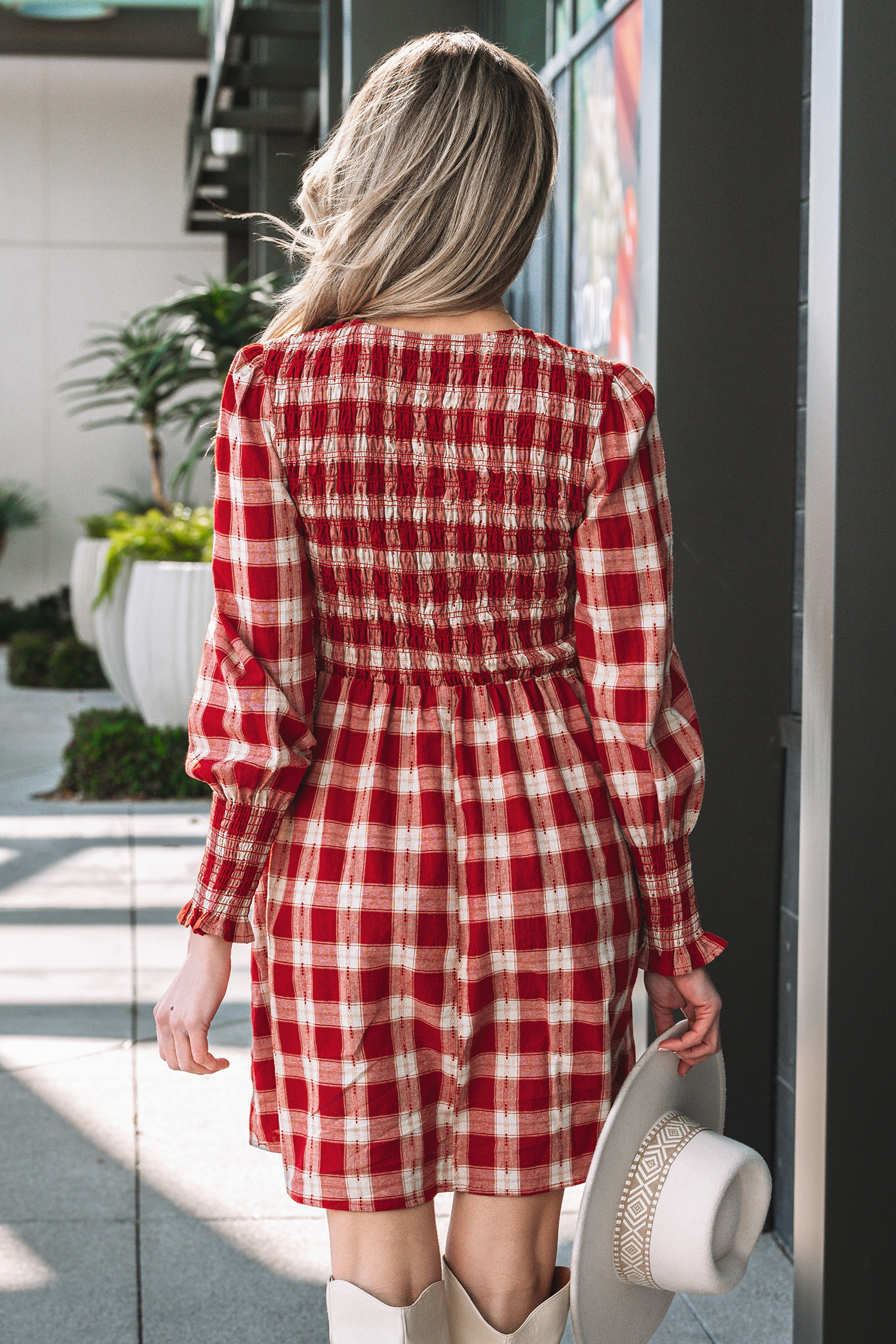 Red Plaid Print Smocked Puff Sleeve Mini Dress - loveforevers