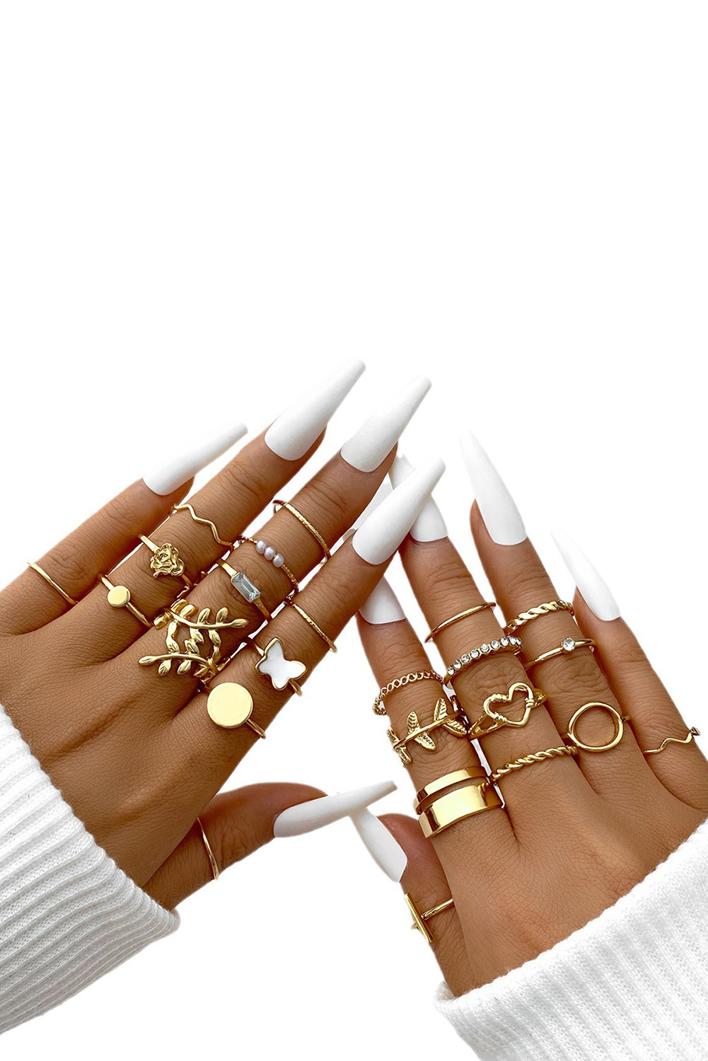 Gold Butterfly Vines Hollowed Heart Geometric 24-piece Ring set - loveforevers