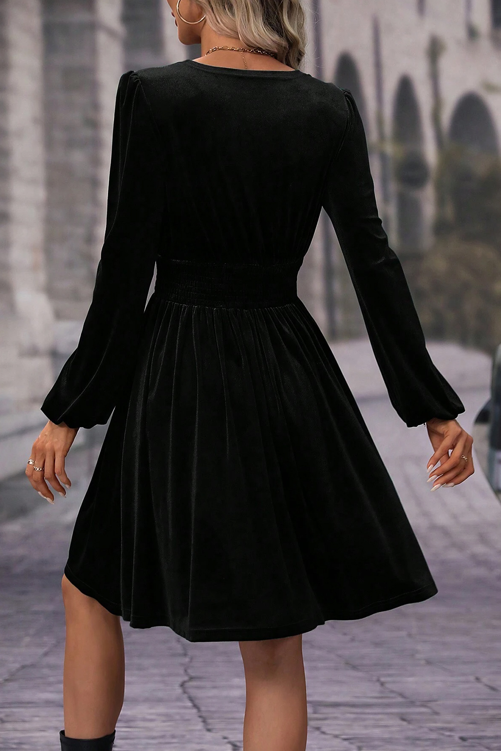 Black Velvet Long Sleeve Surplice High Waist Mini Dress - loveforevers