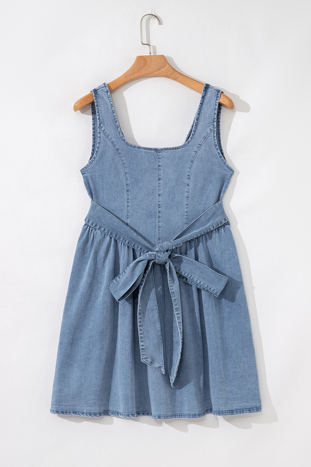 Myosotis Square Neck Bowknot A-line Sleeveless Denim Dress - loveforevers