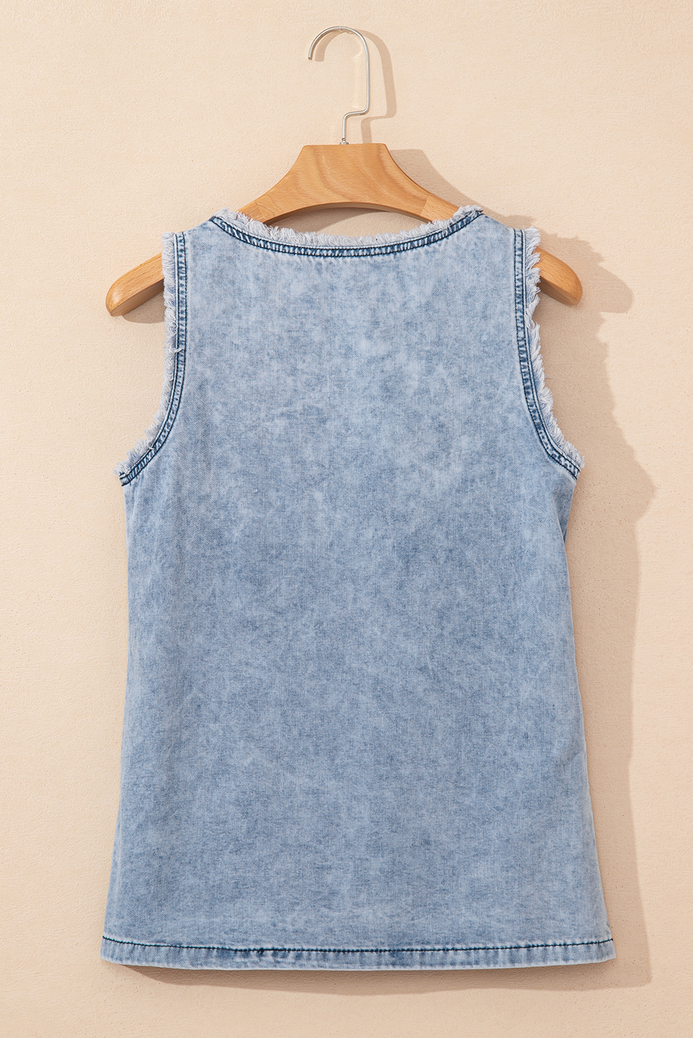 Beau Blue Mineral Wash Denim Frayed U Neck Sleeveless Top - loveforevers