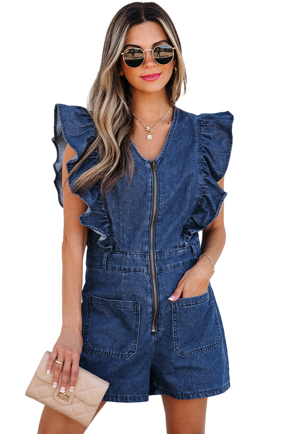 Sail Blue Denim Ruffled Zipped Front Belted Romper - loveforevers