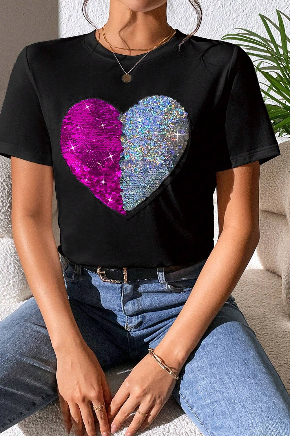 Red Leopard Striped Heart Shaped Print Crew Neck T Shirt - loveforevers