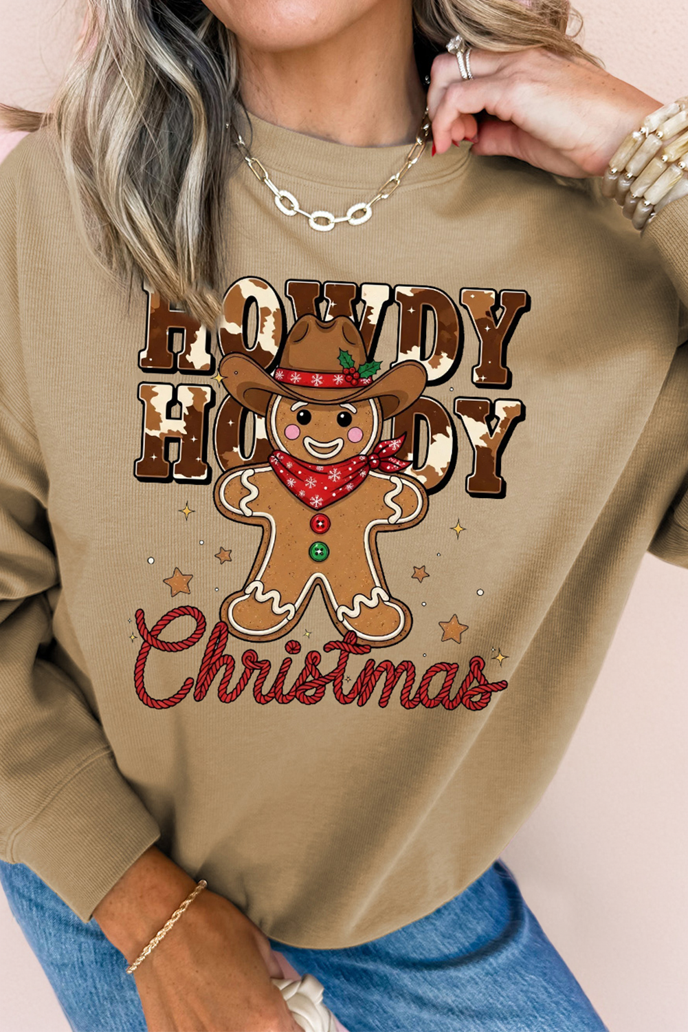 Khaki Howdy Christmas Western Gingerbread Man Pullover Sweatshirt - loveforevers