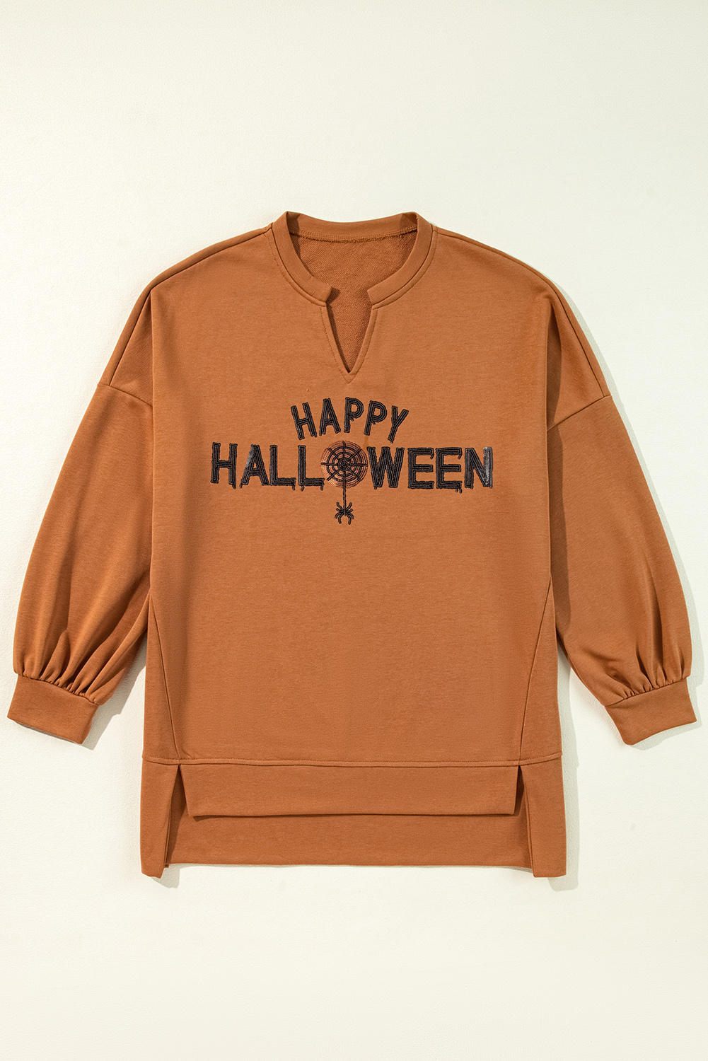 Medium Grey Sequin Happy Halloween Graphic Notched Neck Long Sleeve Loose Top - loveforevers