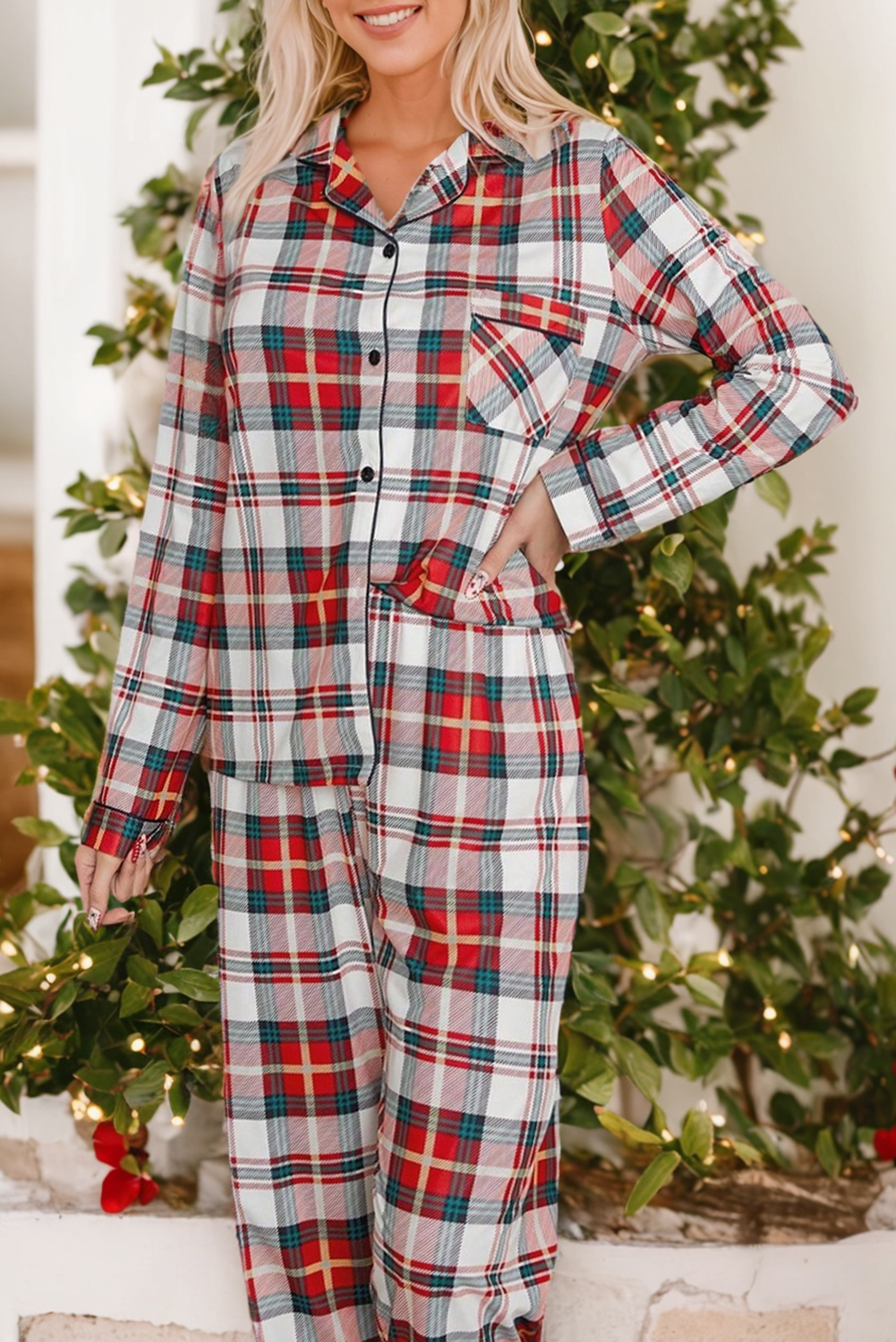 Red Christmas Plaid Print Two Piece Long Sleeve Pajamas Set - loveforevers
