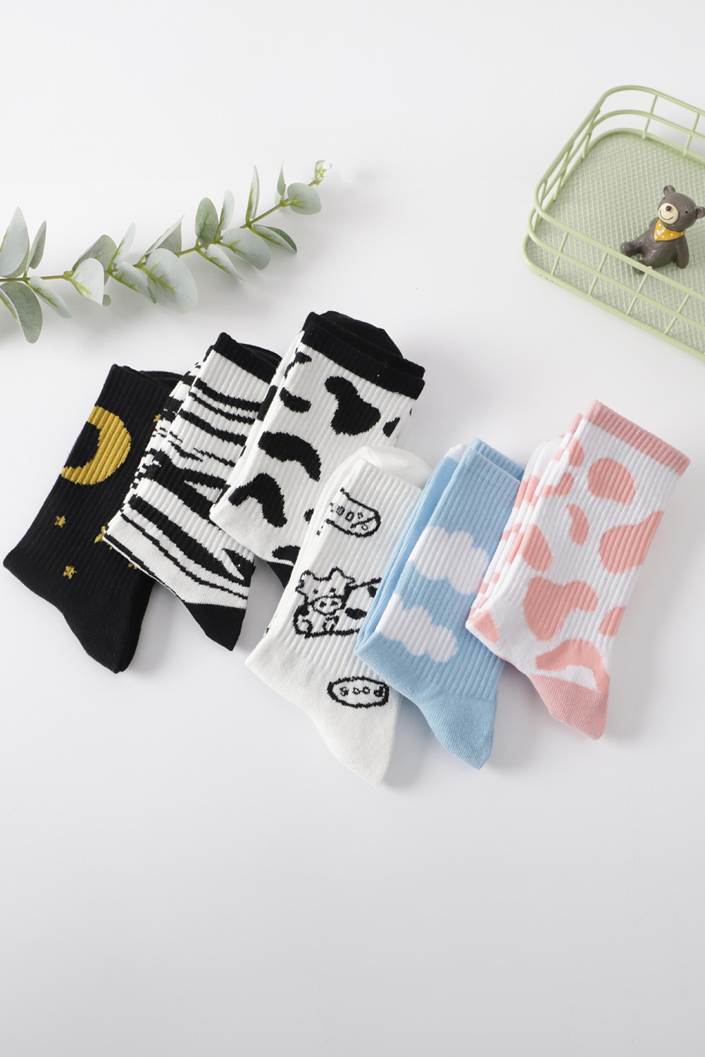 Pink Cow Print Ribbed Detail Crew Socks - loveforevers