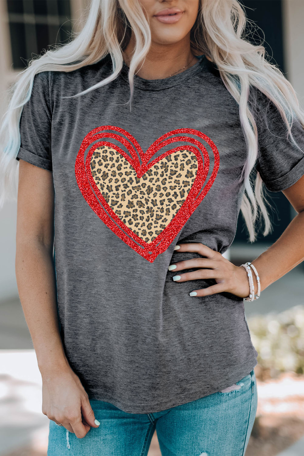 Gray Sequin Leopard Heart Graphic T-shirt - loveforevers