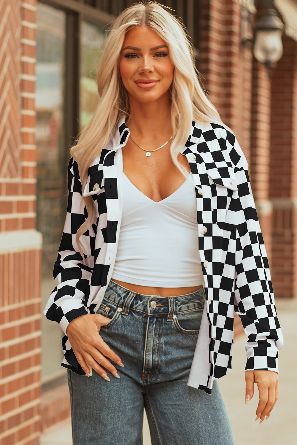 Khaki Checkerboard Flap Pocket Button Front Shacket - loveforevers