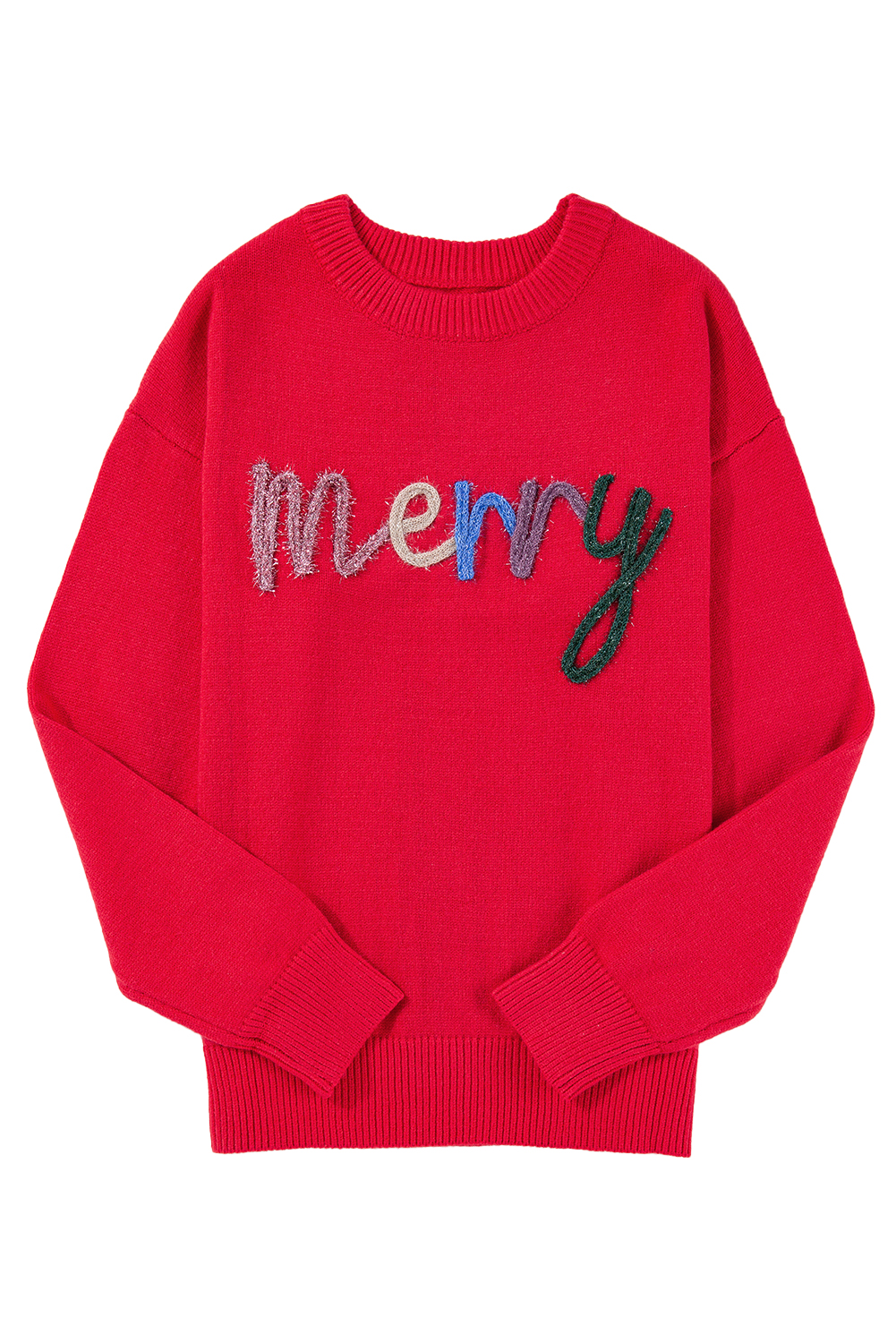 Fiery Red Tinsel Merry Letter Drop Shoulder Baggy Sweater - loveforevers
