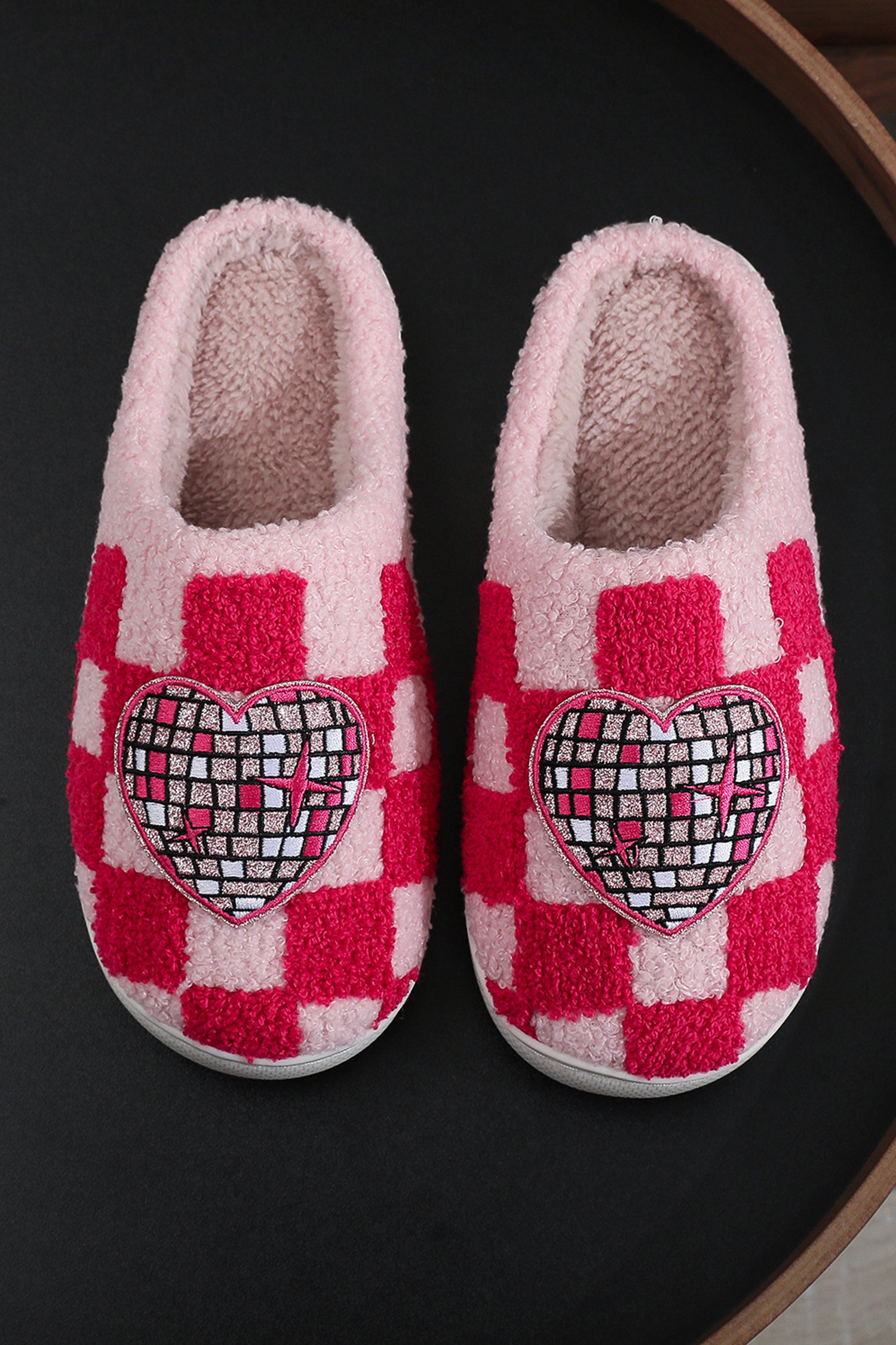 Fiery Red Disco Checkered Heart Plush Winter House Slippers - loveforevers