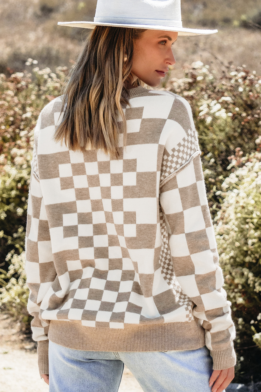 Khaki Checkered Print Drop Shoulder Round Neck Sweater - loveforevers