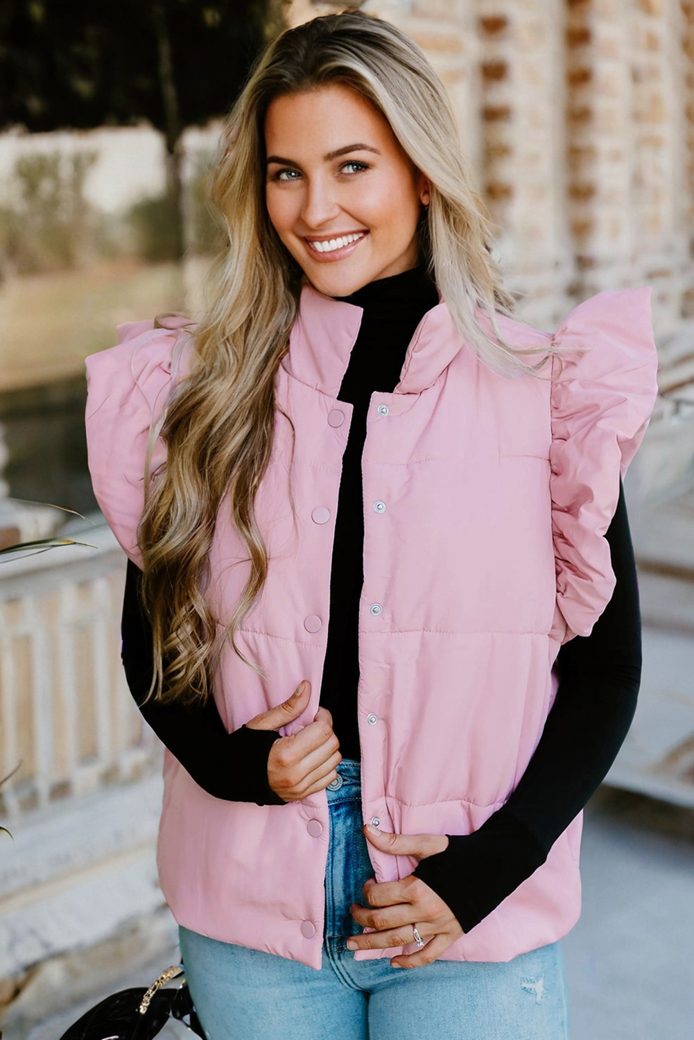 Pink Stand Neck Flutter Sleeve Snap Button Puffer Vest - loveforevers