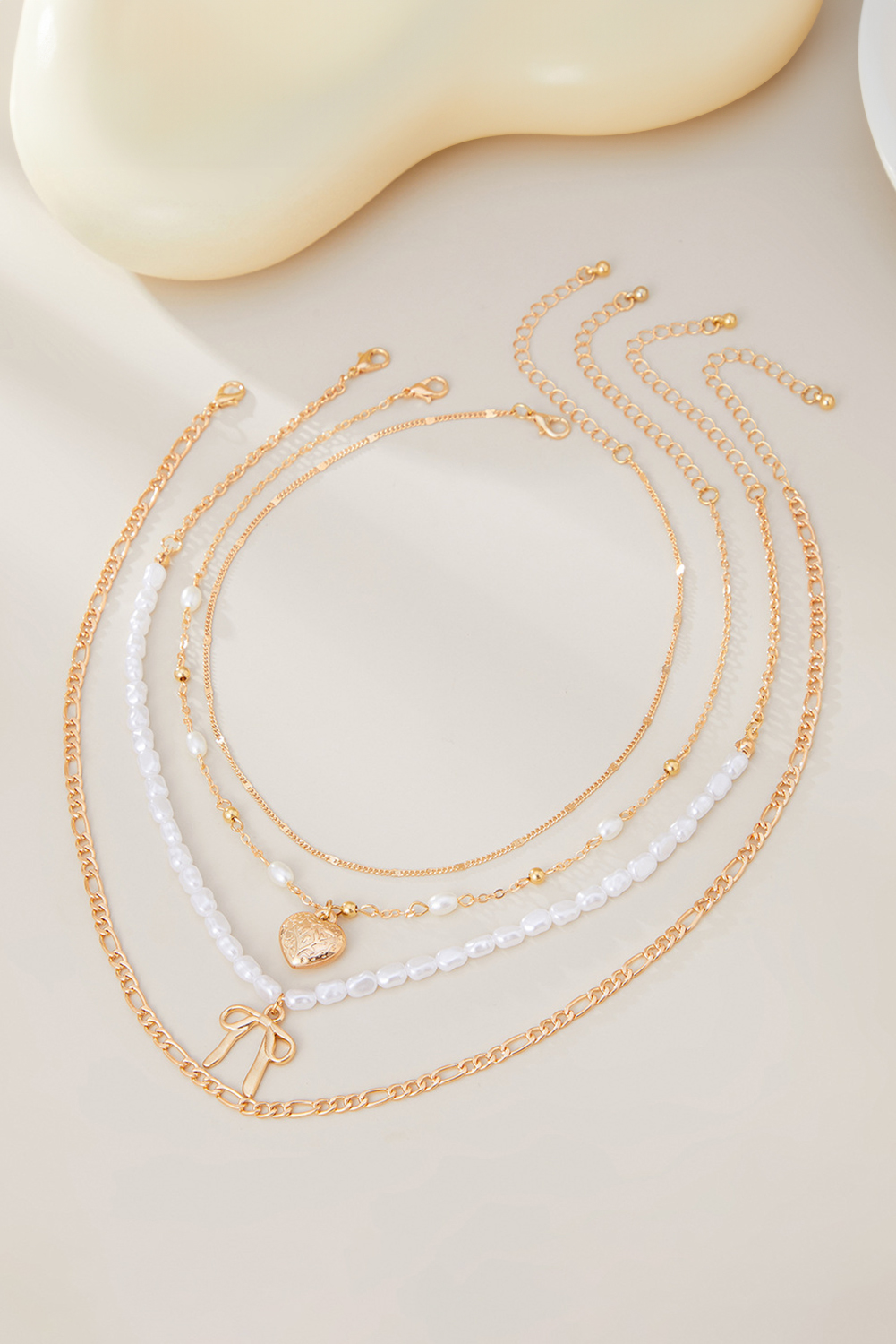 Gold Bow Heart Pendant Pearl Chaining Plated Necklace - loveforevers