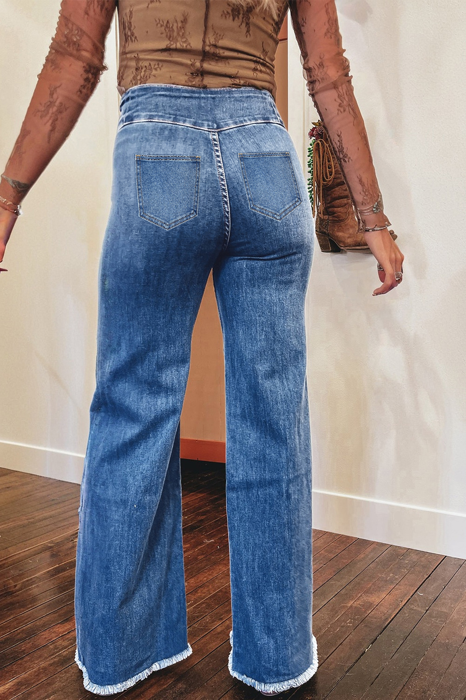 Coffee High Waist Button Fly Seamed Raw Hem Flare Jeans - loveforevers