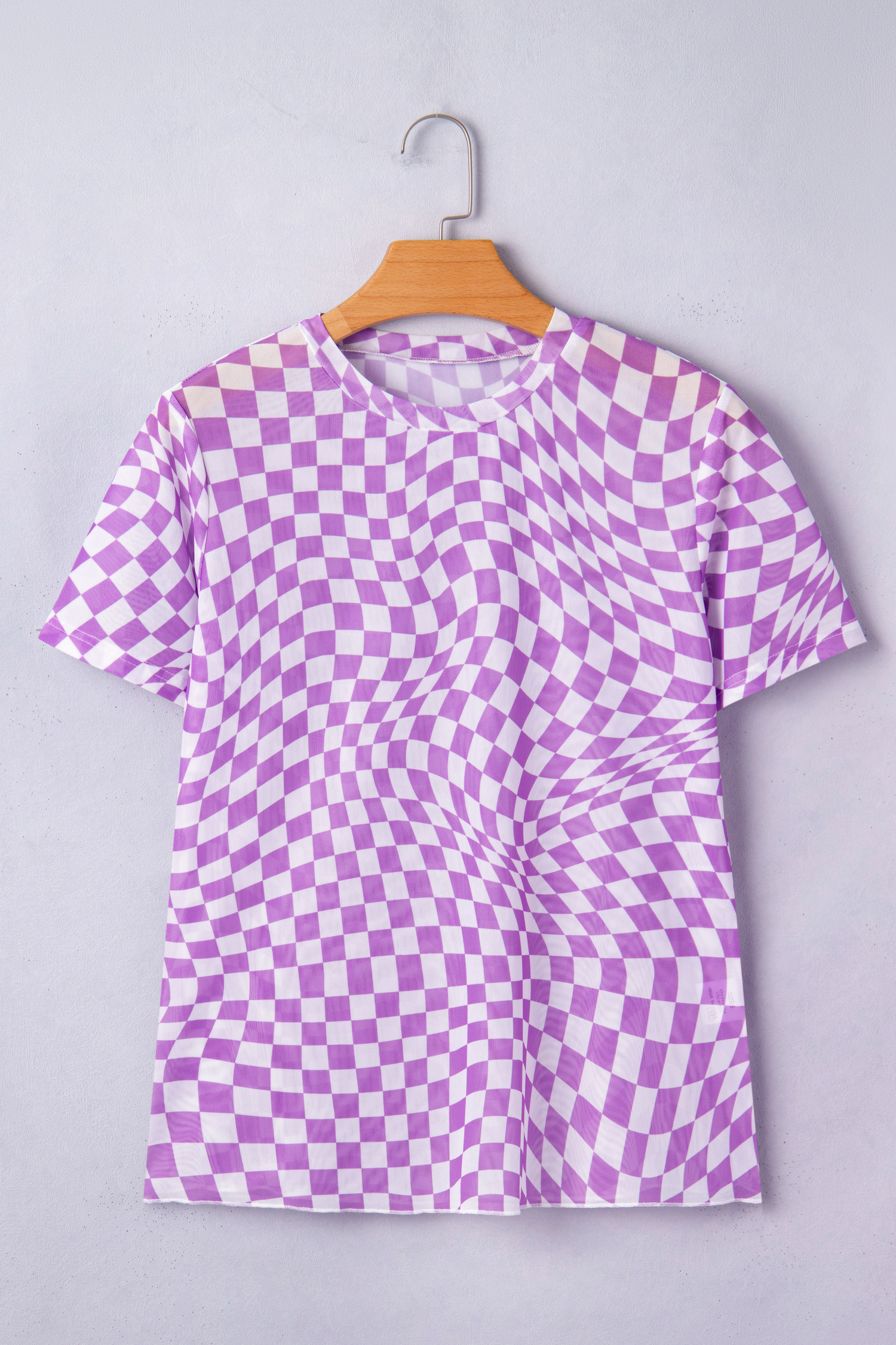 Purple Checkered Print Mock Neck Mesh T Shirt - loveforevers