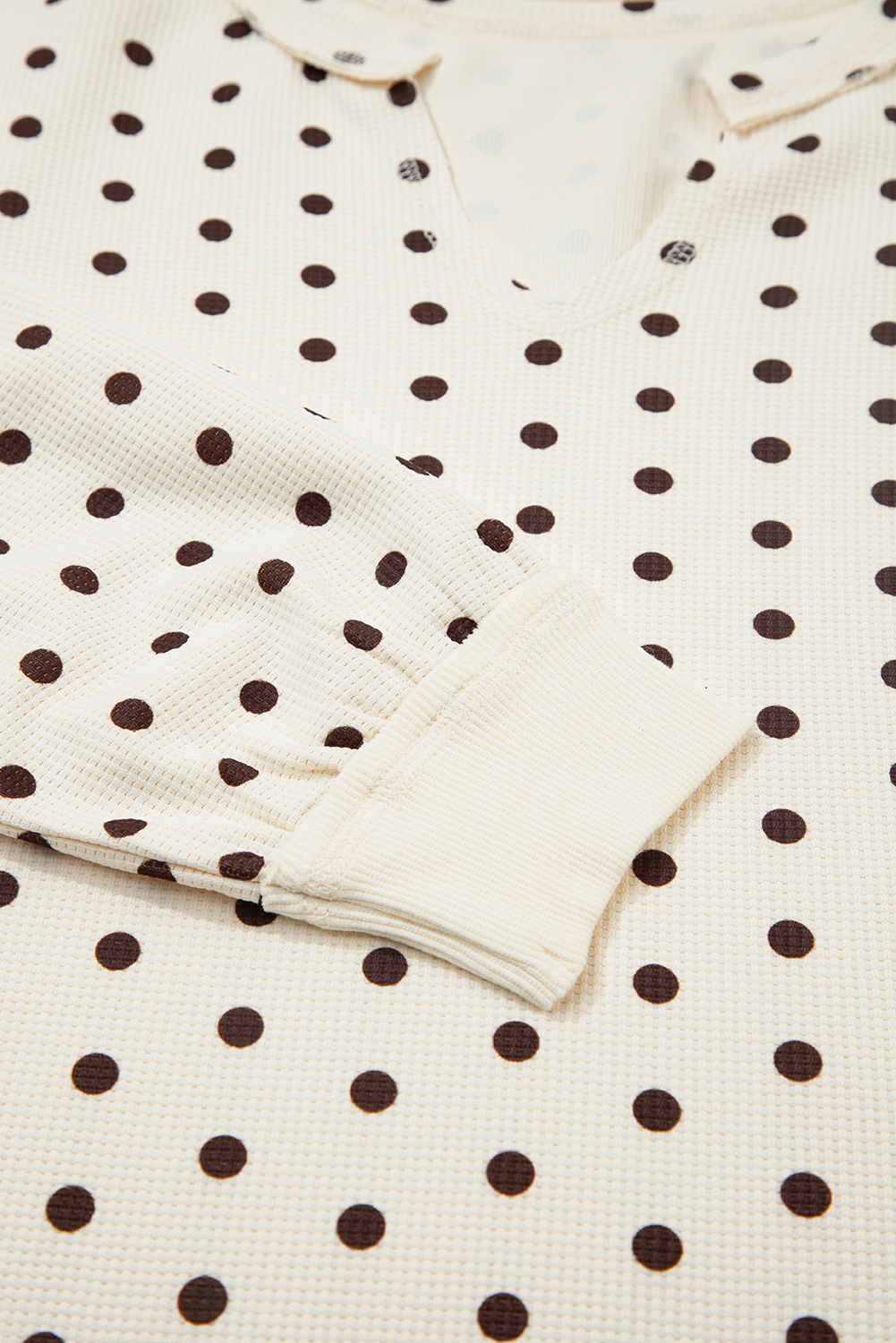 White Polka Dot Print Notched Neck Long Sleeve Top Drawstring Jogger Pants Waffle Knit Lounge Set - loveforevers