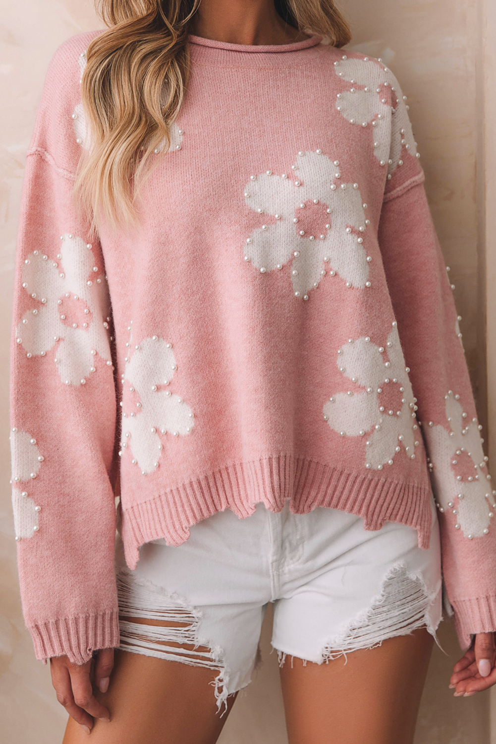 Bonbon Pearl Beaded Heart Drop Shoulder Sweater - loveforevers