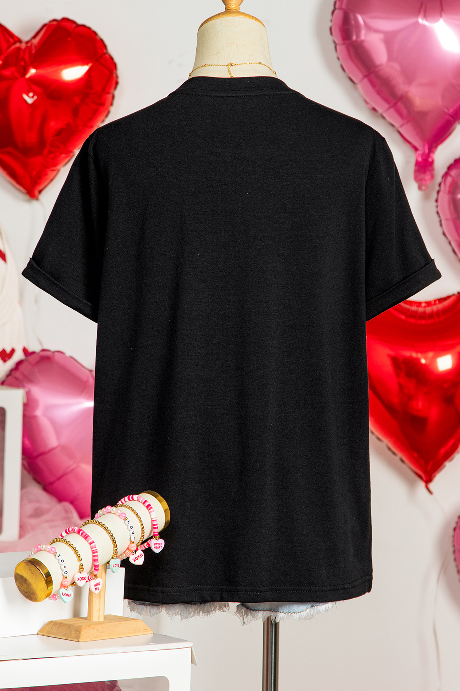Black Sequin Bow Cheery Patched Valentines Graphic Tee - loveforevers