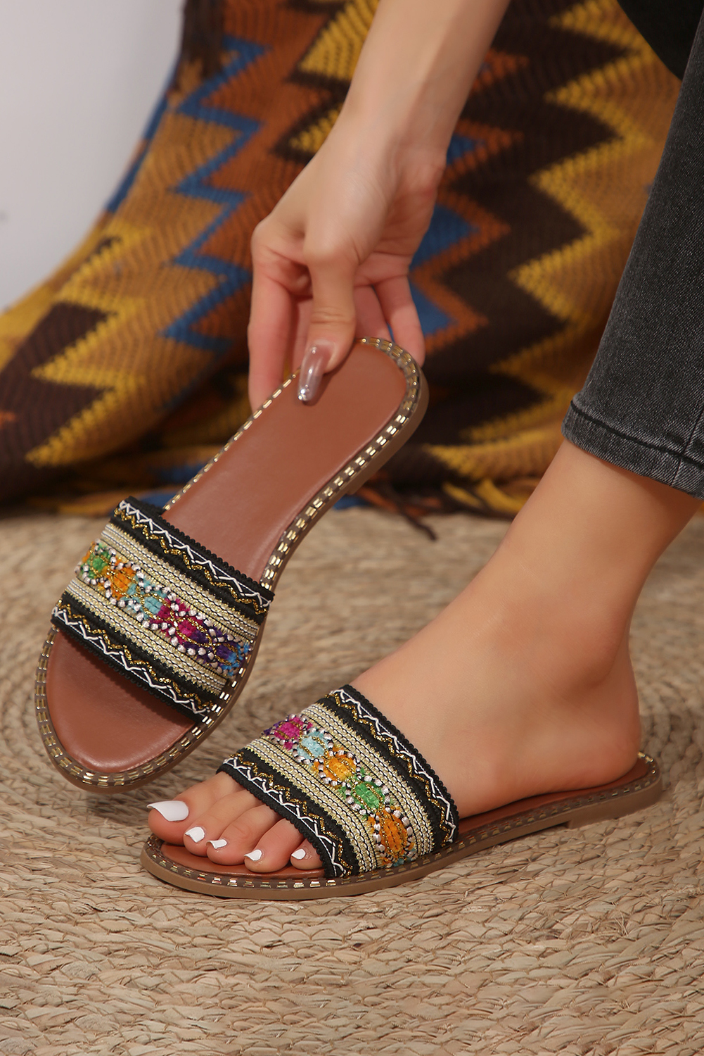 Chestnut Bohemian Pattern Crochet Faux Leather Beach Slippers - loveforevers