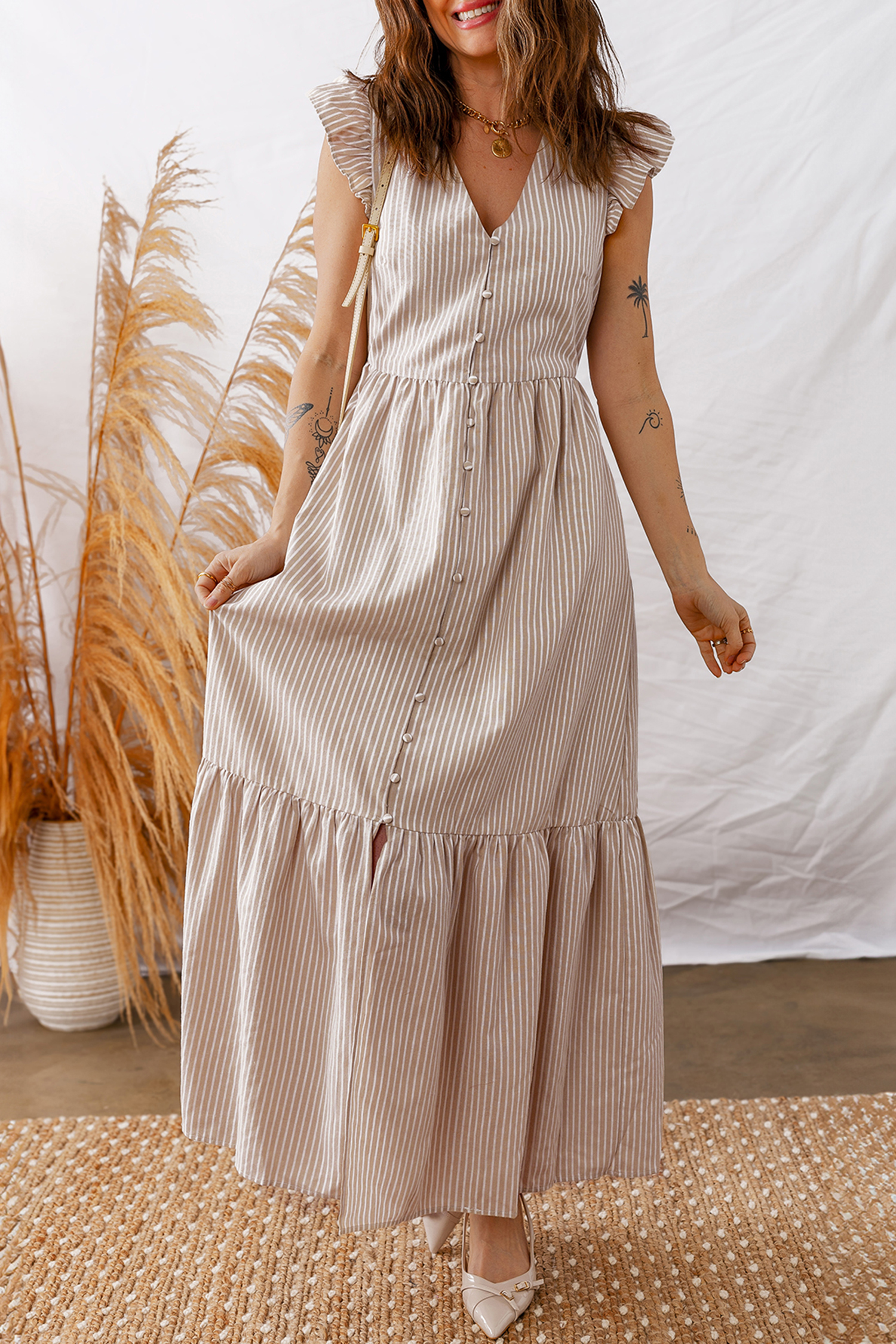 Khaki Stripe Flutter Sleeve Buttoned Front Slit Maxi Dress - loveforevers