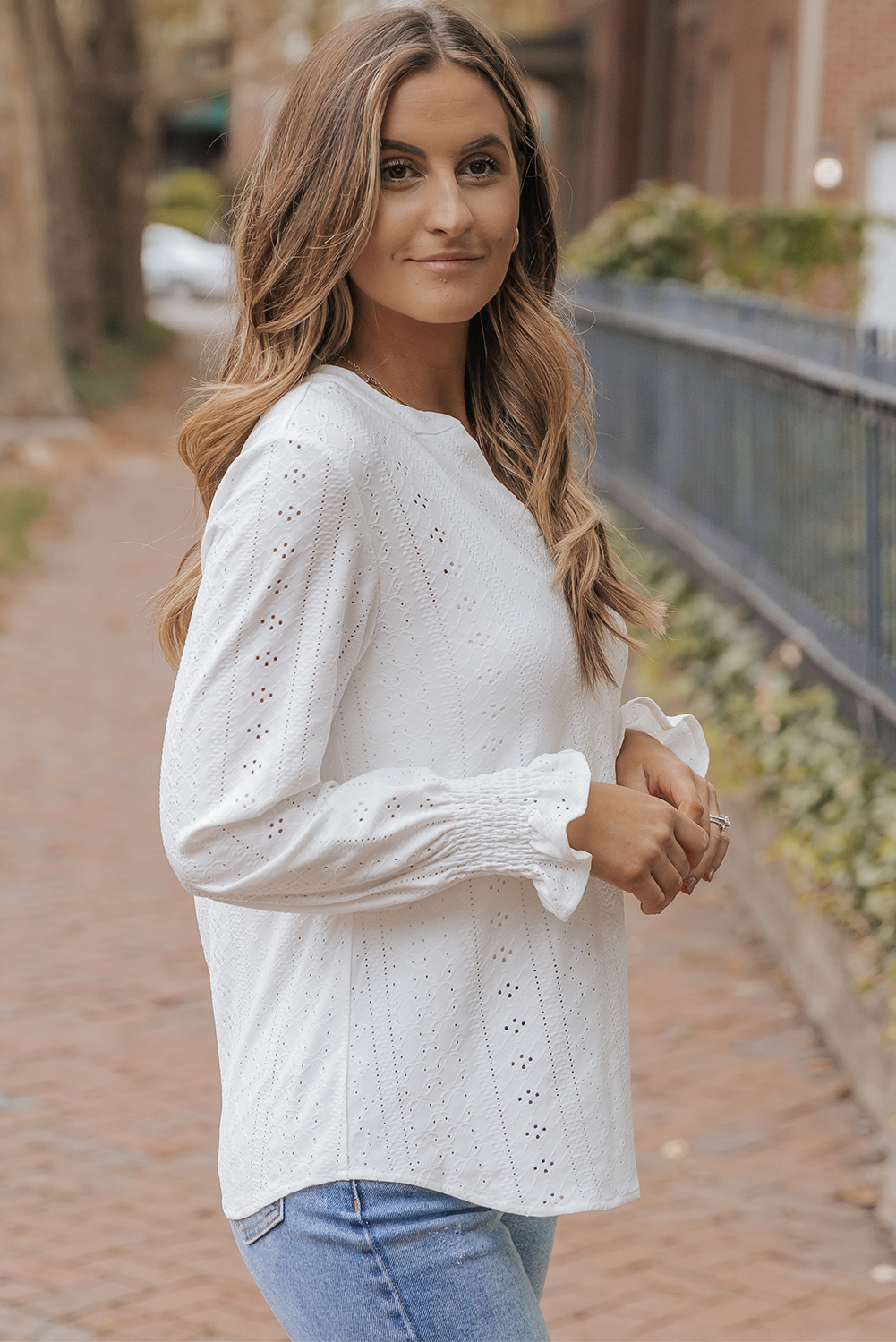 White Split Neck Textured Loose Blouse - loveforevers