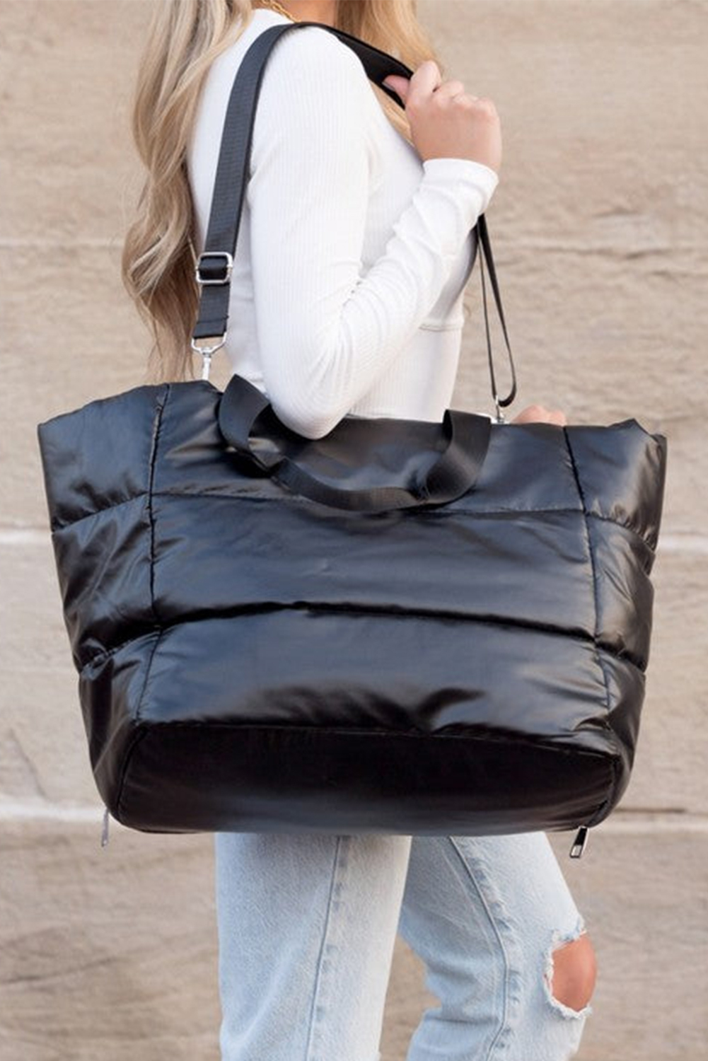 Black Solid Zipper Puffer Large Tote Bag - loveforevers